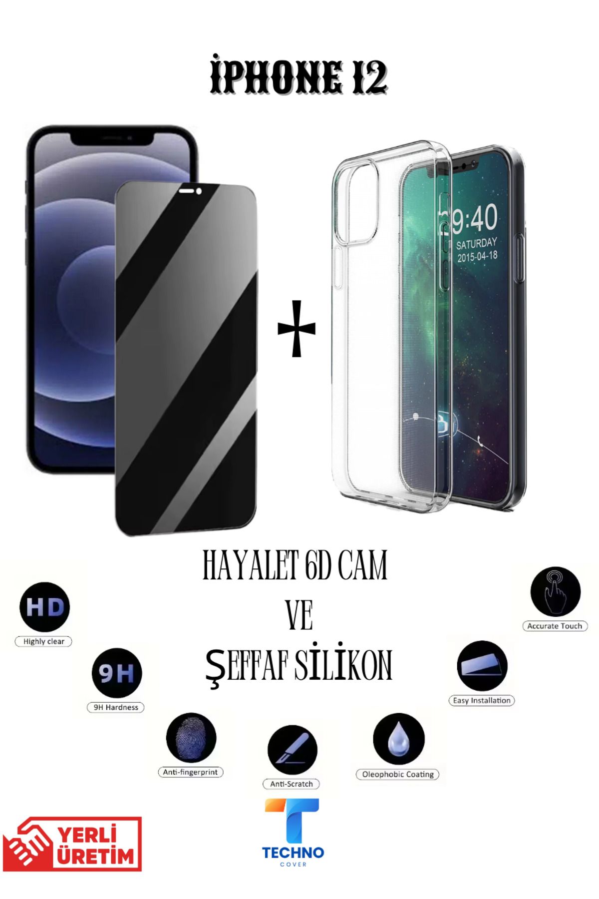 tcover İphone 12 ekran Hayalet Ekran Koruyucu ve Şeffaf Kılıf 2li Avantajlı Paket