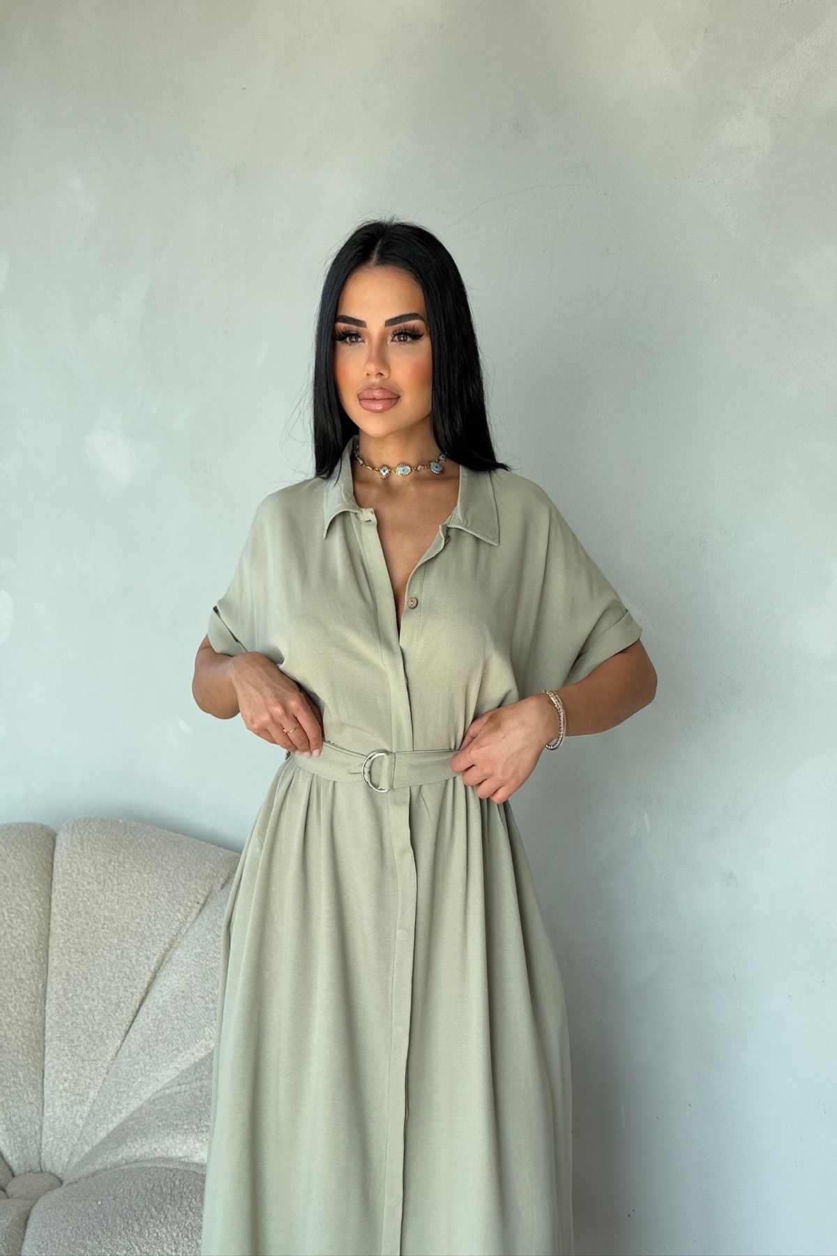 kamacibutik KUŞAK DETAYLI PREMİUM GÖMLEK ELBİSE