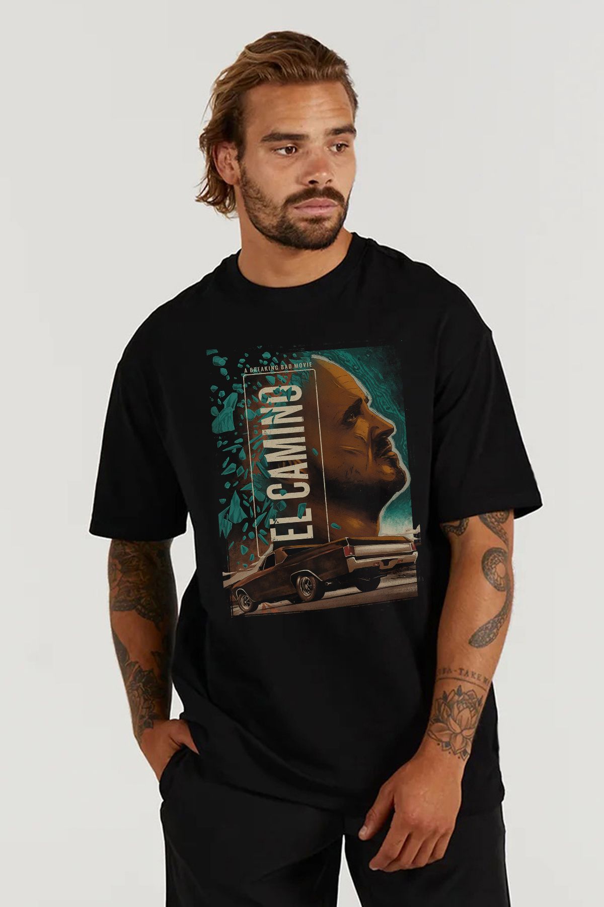 MODA Breaking Bad Jesse Pinkman El Camino Baskılı Oversize Kalıp Siyah Geniş Bol Kesim Erkek Tişört