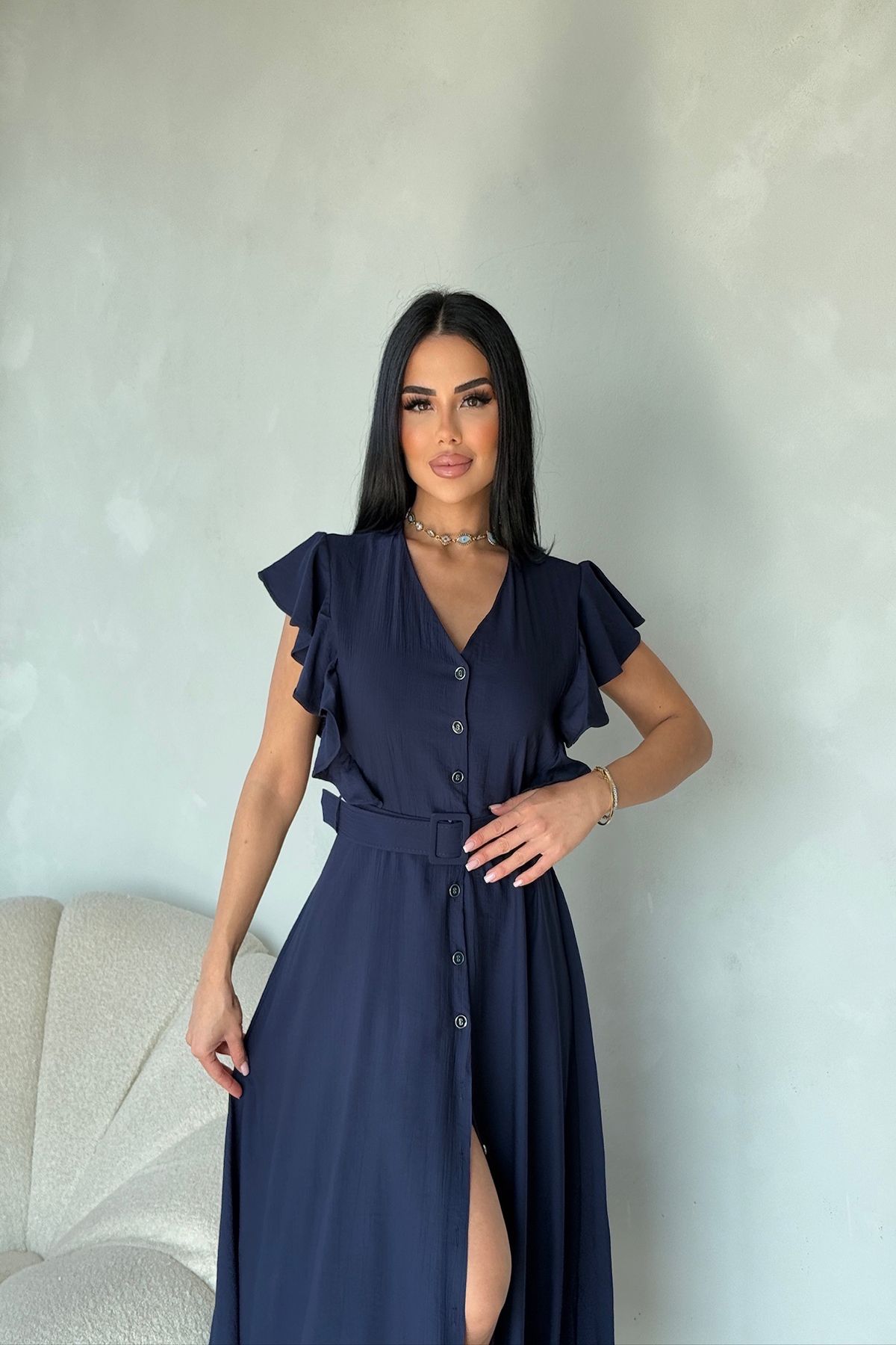 kamacibutik OMUZ FIRFIRLI KEMERLİ GÖMLEK ELBİSE