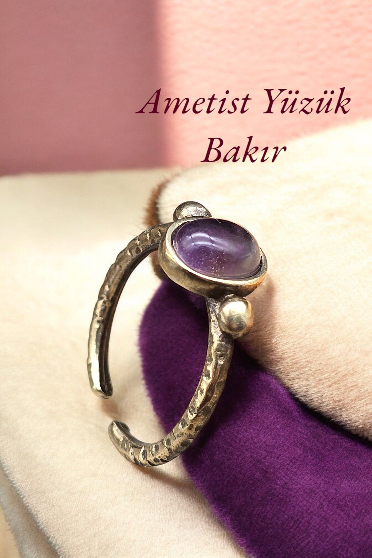 NBS Beautiful Naturel Stones Yüzük Bakır Saf Ametist Ayarlanabilir Zarif Minimal Kaliteli ( Hediyelik , Günlük , Özel Günler )