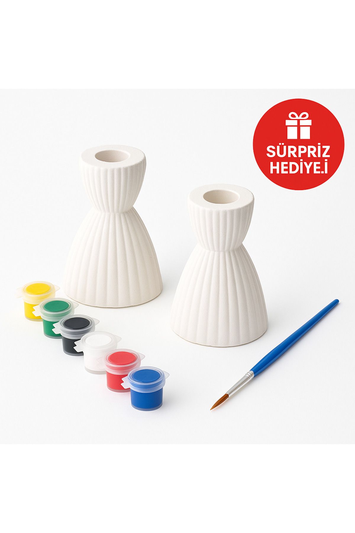 WeSank Objehouse alçı Boyama Seti – 2'li Mumluk + 6 Renk + Fırça