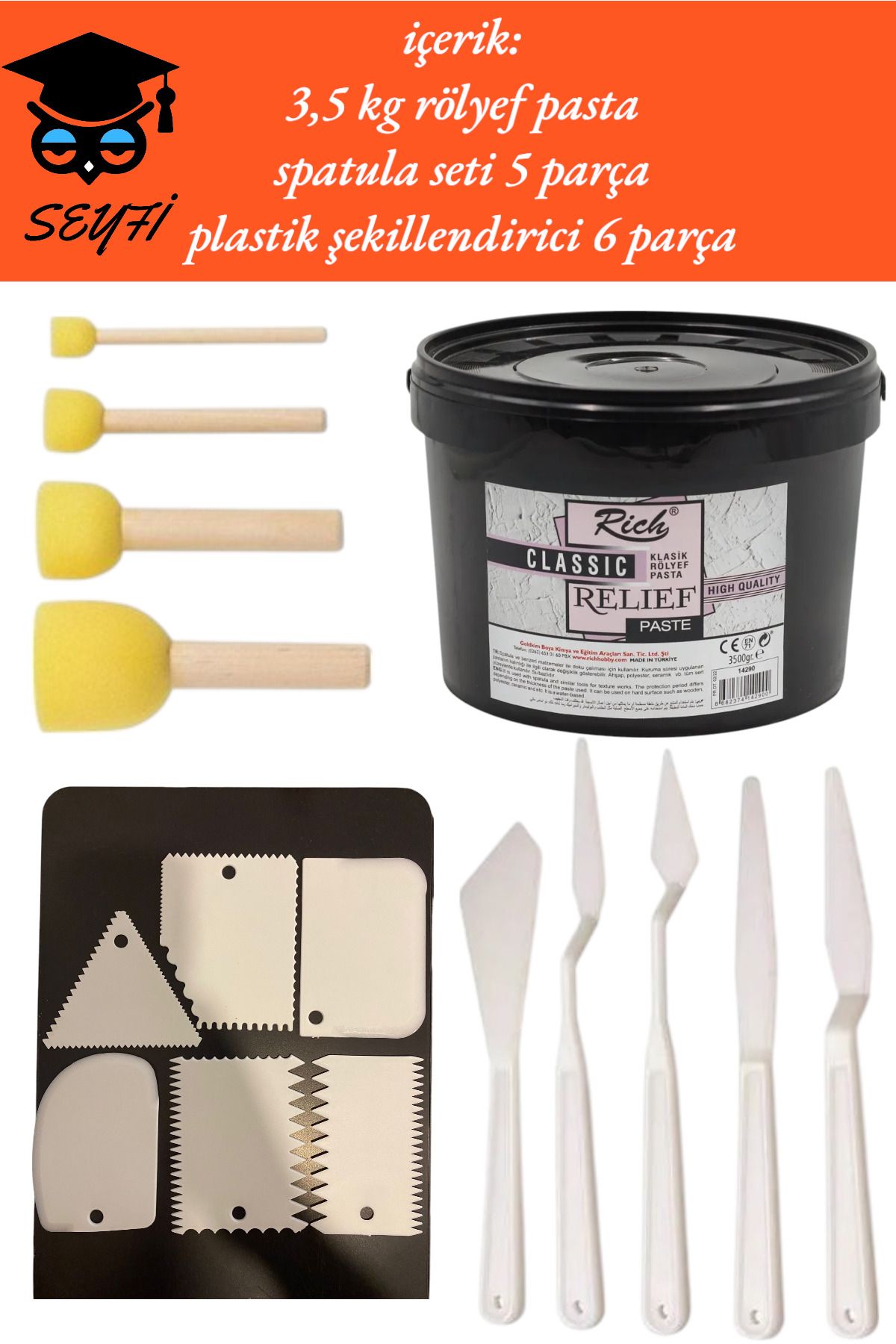 SEYFİKİRTASİYE 3,5 kg rölyef pasta spatula seti 5 parça plastik şekillendirici 6 parça rölyef seti