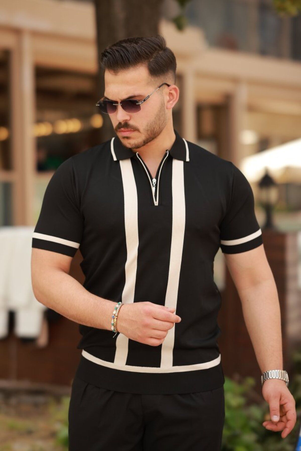 moda wanilia Erkek Fermuar Yakalı şerit Detaylı Kısa Kollu Tişört
