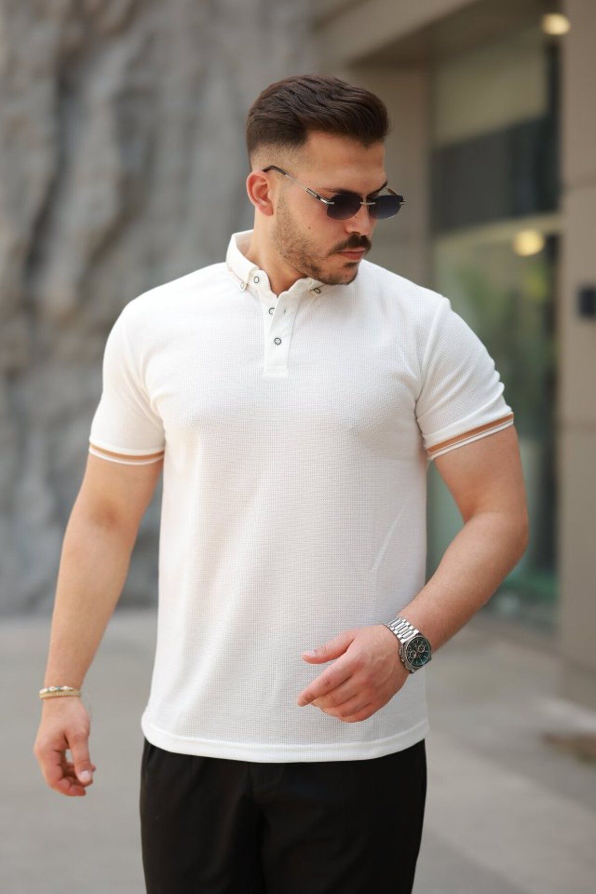 moda wanilia Erkek Düğmeli Yaka Waffle Kumaş Kısa Kollu Tişört