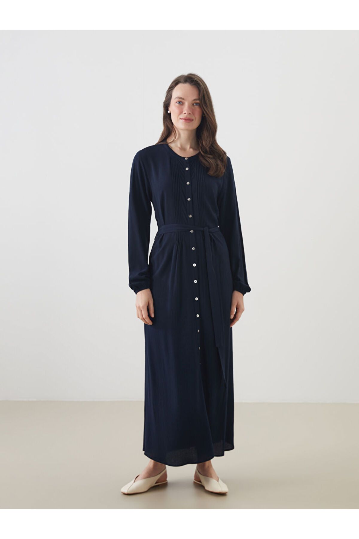 LC Waikiki LCW Grace Lacivert Bisiklet Yaka Pileli Gömlek Elbise S5L760Z8NVY25