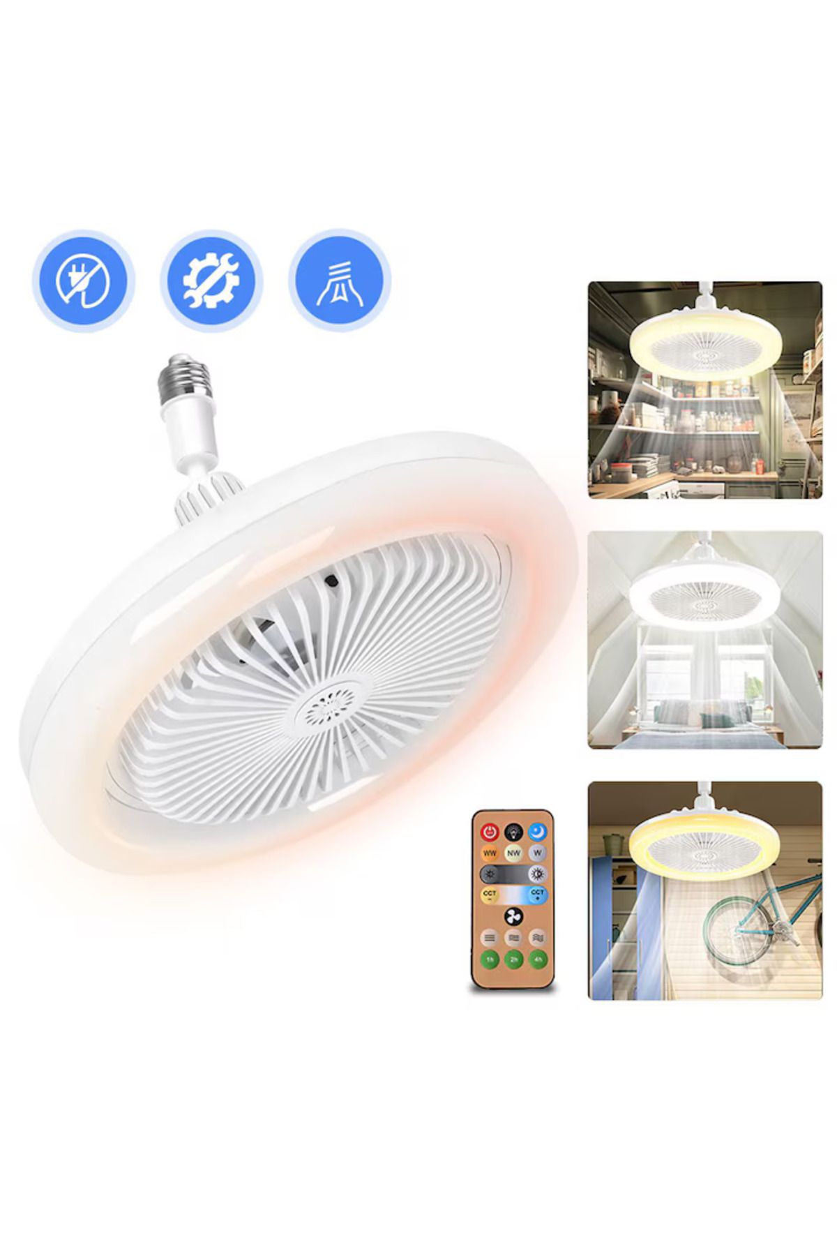Generic-Ceiling fan, with remote control, 3 speeds, made of ABS, with ambient light, white 4