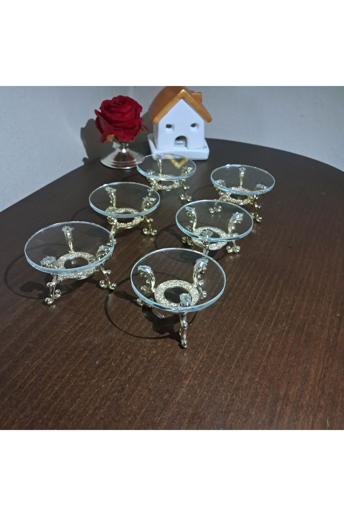 Elk Home METAL AYAKLI GÜMÜŞ RENK 6 ADET CAM LOKUMLUK KAHVE YANI İKRAMLIK (6x6)
