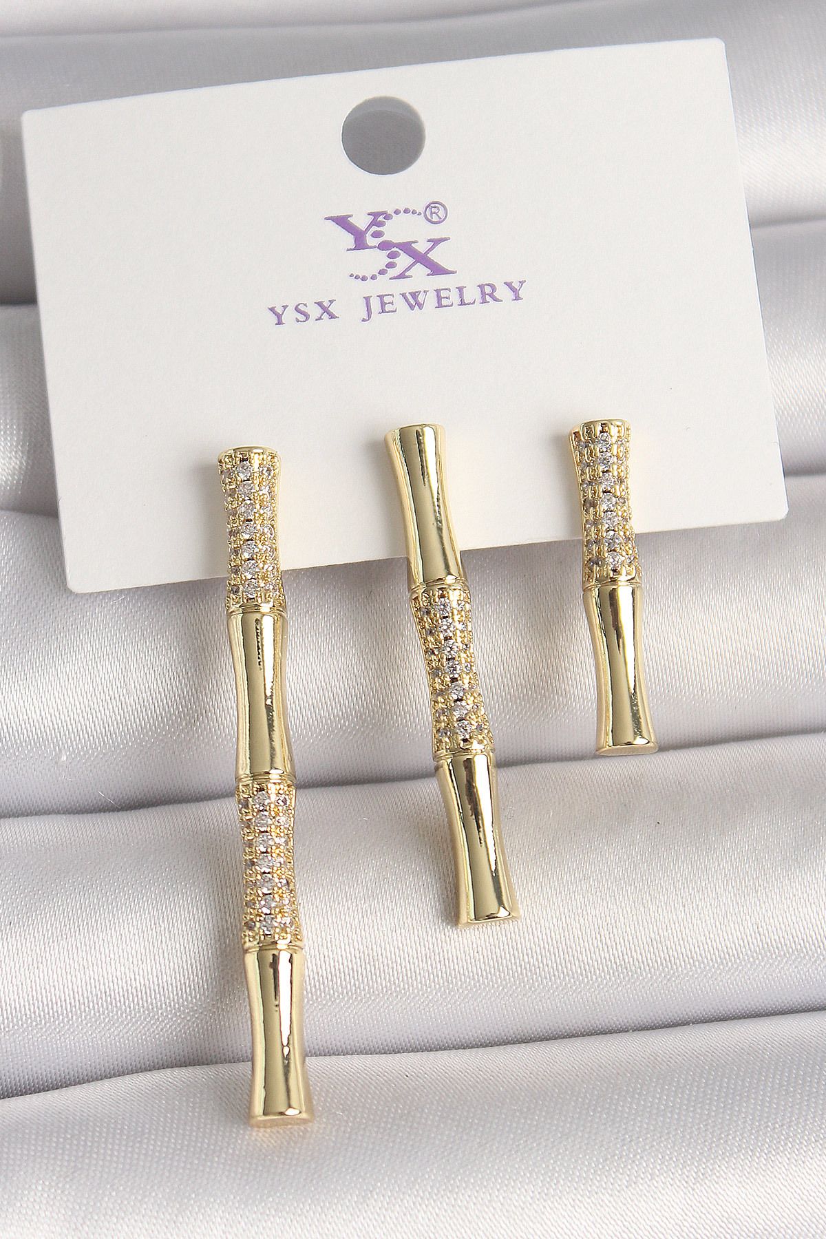 LovelymCo Pirinç Gold Renk Zirkon Taşlı Bambu Model 3'Lü Kadın Kombin Küpe - Lisinya