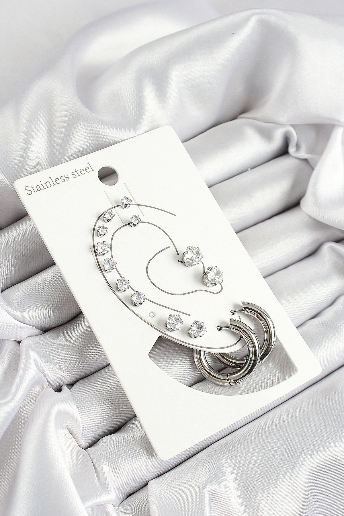 LovelymCo 316L Çelik Halka Figürlü Ve Zirkon Taşlı Gümüş Renk 7'Li Çift Kadın Küpe Set - Lisinya