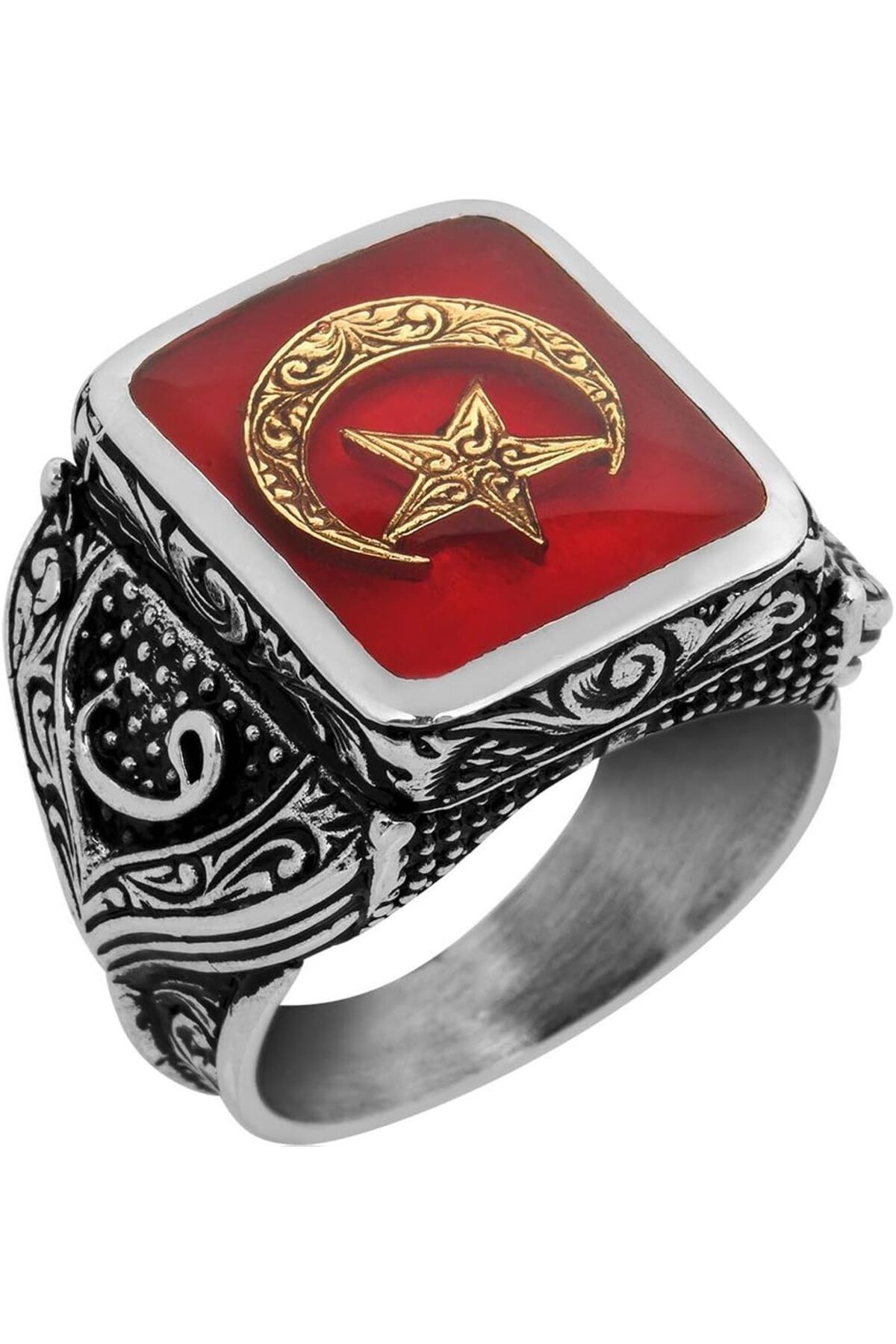 KAMBO 925 Ayar Gümüş Erkek Yüzük - Ay ve Yıldız ile Oluşturulmuş Granat Taşı