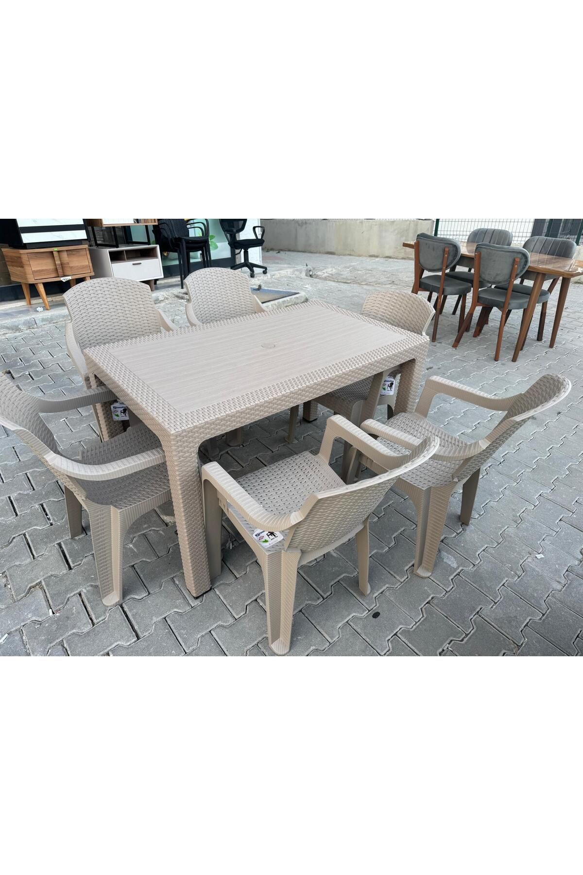 favoryplast Rattan 75x125 cm camsız bahçe balkon teras masa takımı 6 adet sandalye