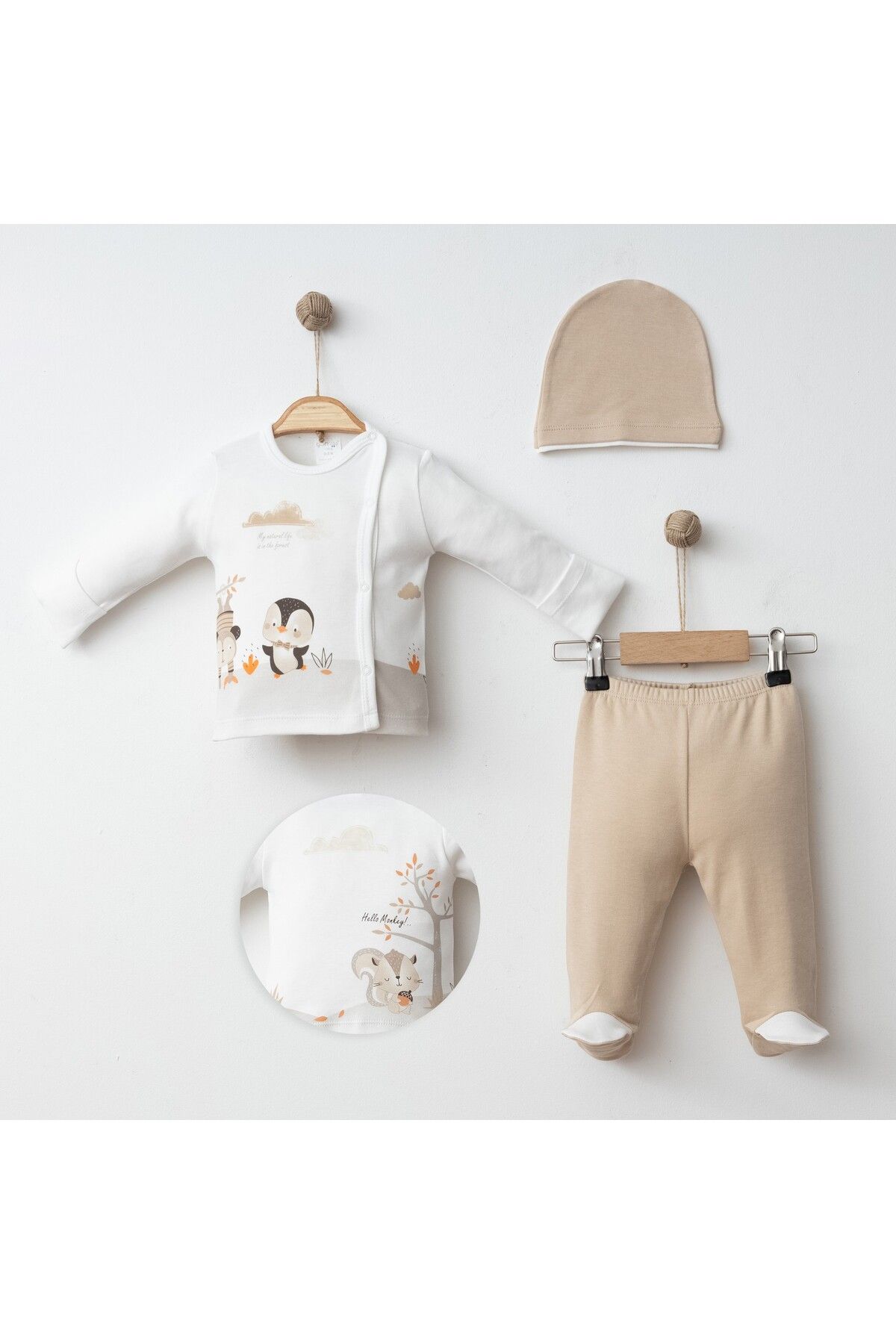 Gümüş Baby Kids BEBEK 3 LÜ TAKIM KENDİNDEN ELDİVENLİ PENGUEN BASKILI %100 PAMUK KUMAŞ