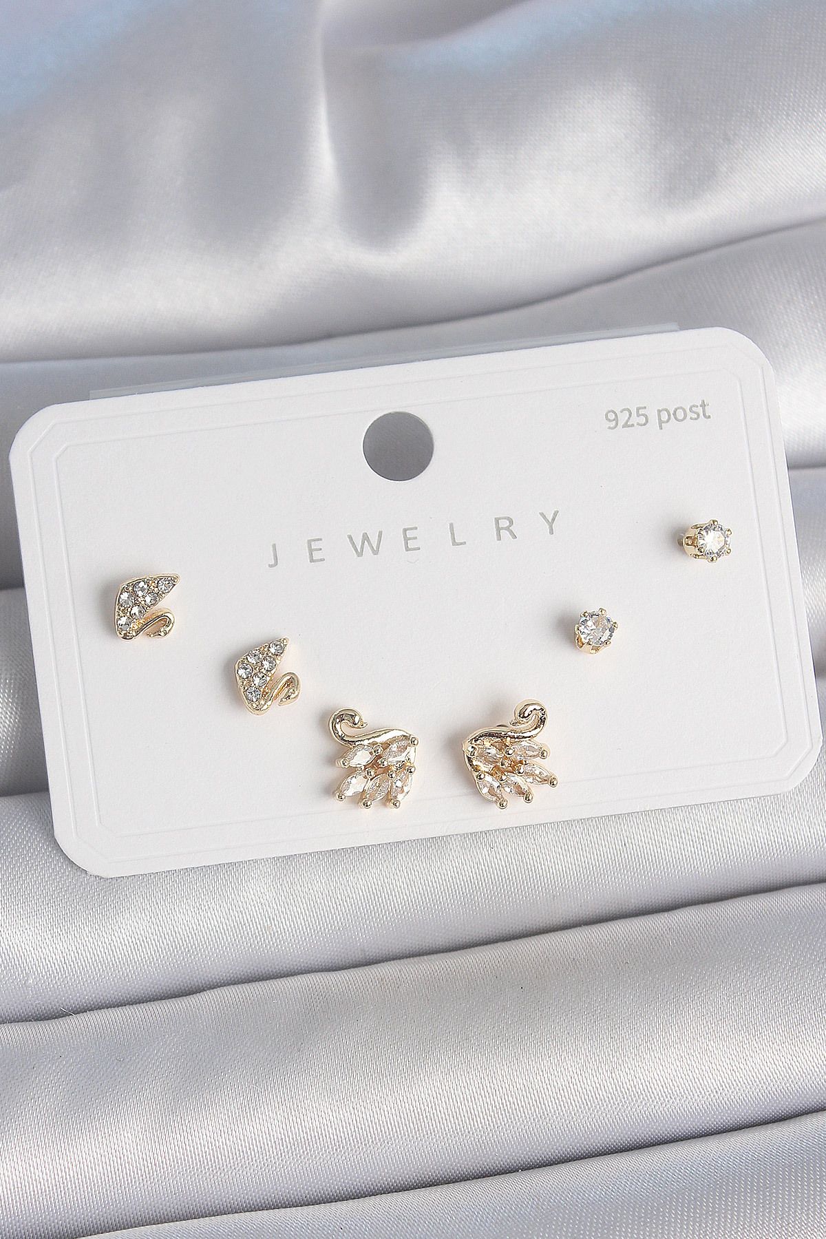 LovelymCo Pirinç Gold Renk Zirkon Taşlı Kuğu Model 925 Ayar Gümüş Çivi Kadın Küpe Seti - Lisinya
