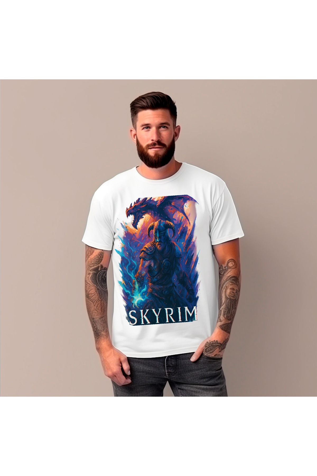 AİON VESTURE Unisex Oversize Grafik Baskılı Tişört –“Skyrim Warrior” Ejderha & Ateş Temalı Tasarım – AİON VESTURE