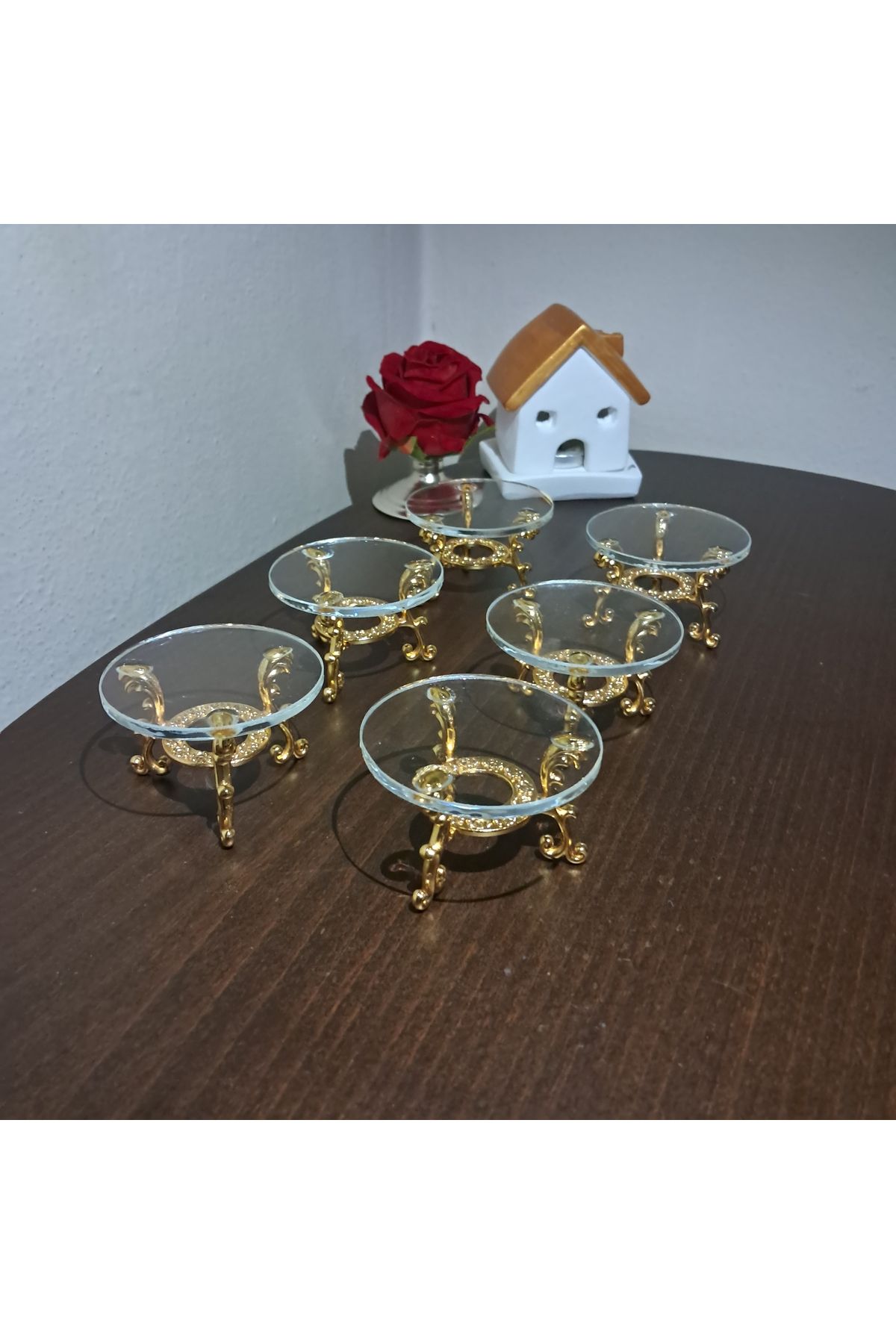 Elk Home DEKORATİF GOLD AYAKLI 6 ADET CAM LOKUMLUK KAHVE YANI İKRAMLIK SUNUMLUK