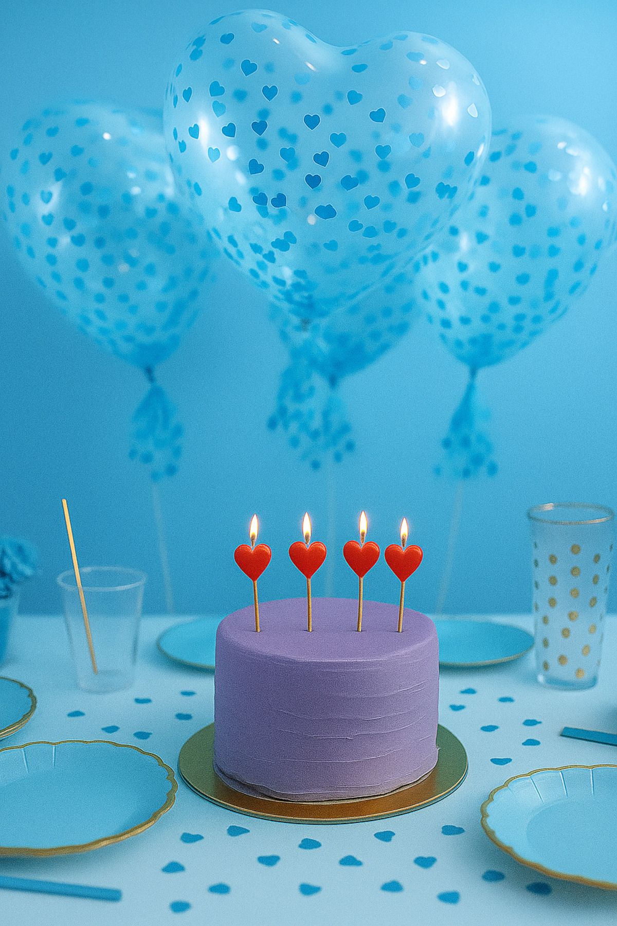 UVERTE 10'lu Kalp Şeklinde Şeffaf Balon - Mavi Konfetili Doğum Günü ve Parti Balonu Seti