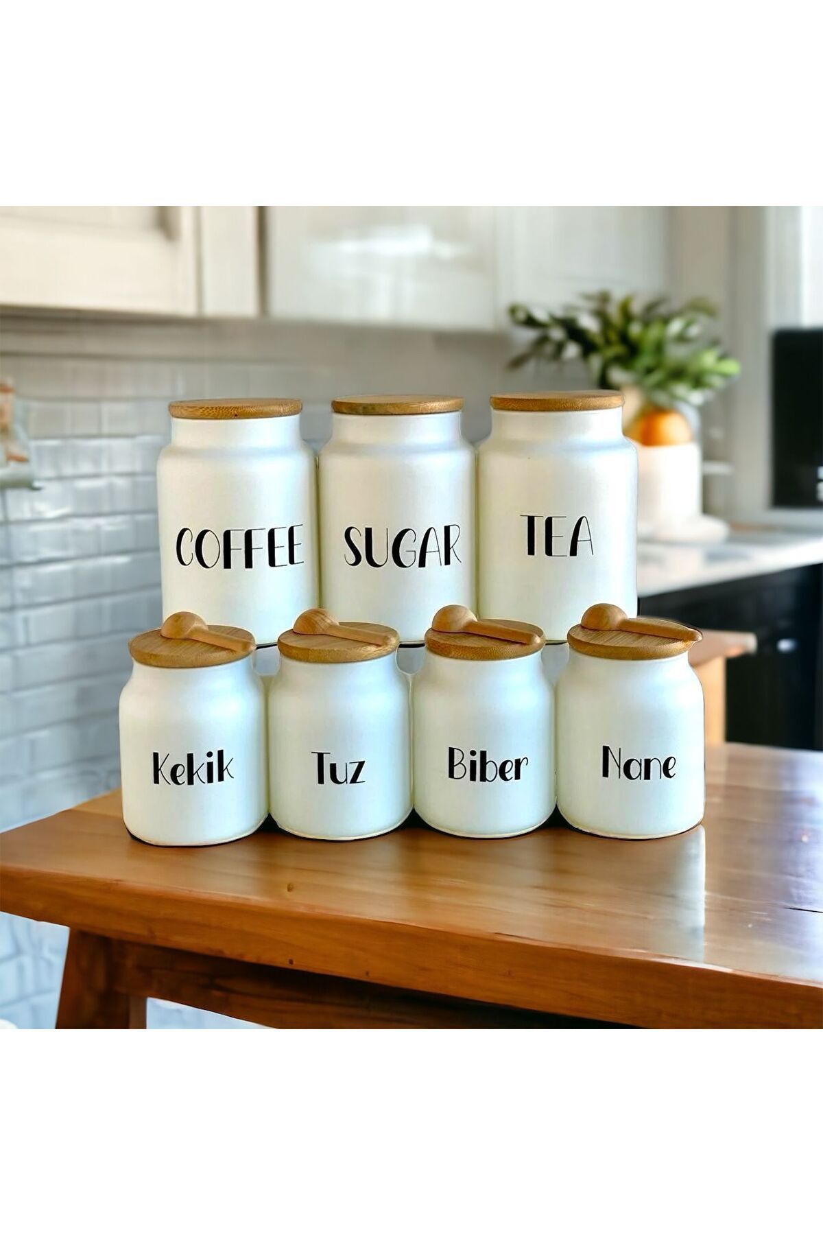 Pembishayatlar 7'li Bambu Kapaklı Cam Baharatlık Takımı Bambu Kaşıklı (Çay,Kahve,Şeker)Kavanoz Seti