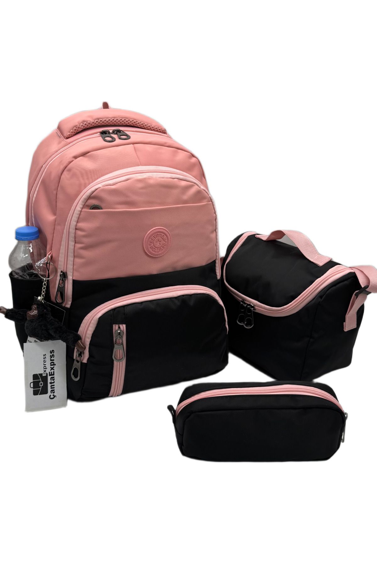 ÇantaExpress ilk Okul Çantası 3'lü Seti Unisex Çocuk ilkokul Çantası Cnt-8010 Pudra-Siyah