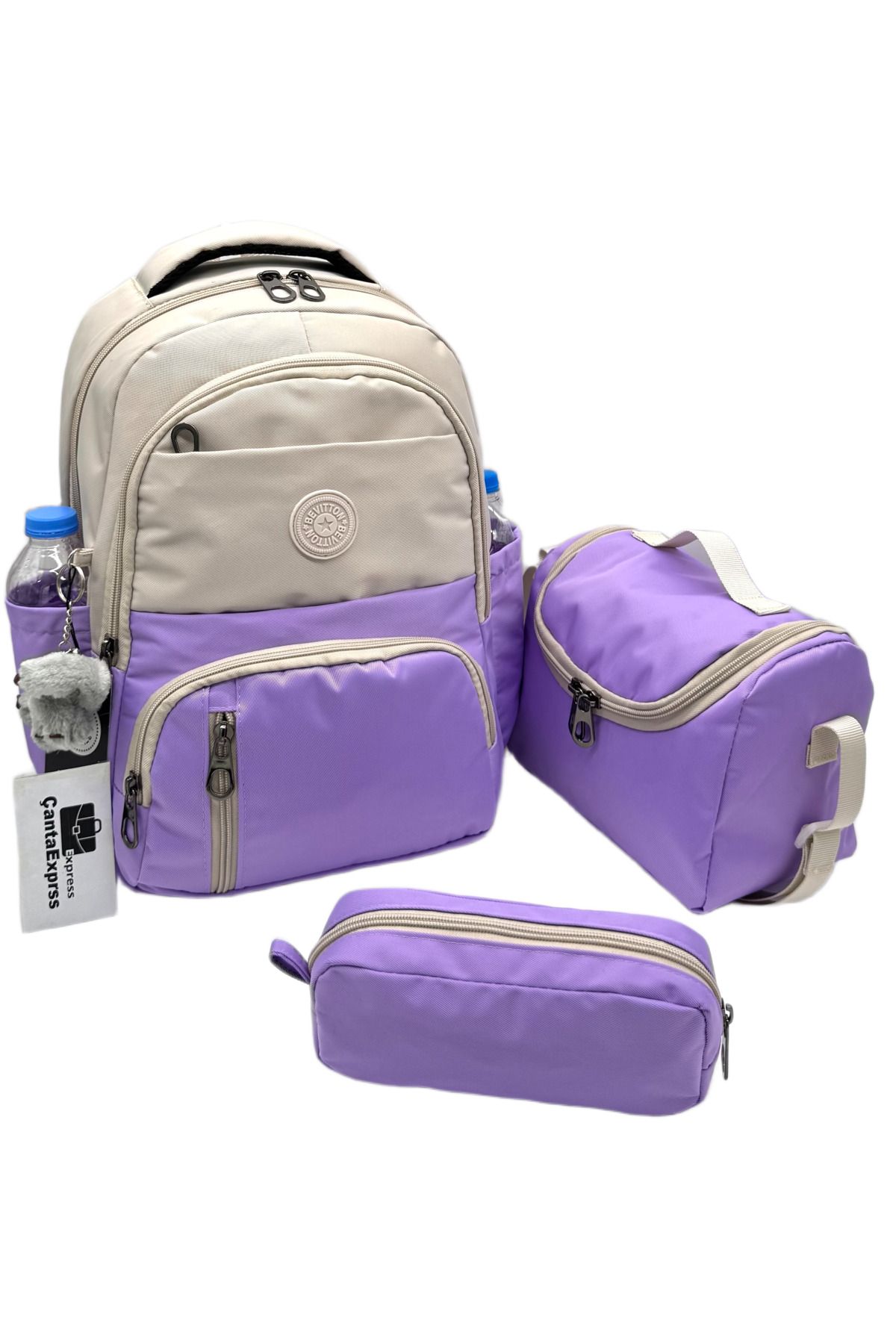 ÇantaExpress ilk Okul Çantası 3'lü Seti Unisex Çocuk ilkokul Çantası Cnt-8010 Bej-Lila