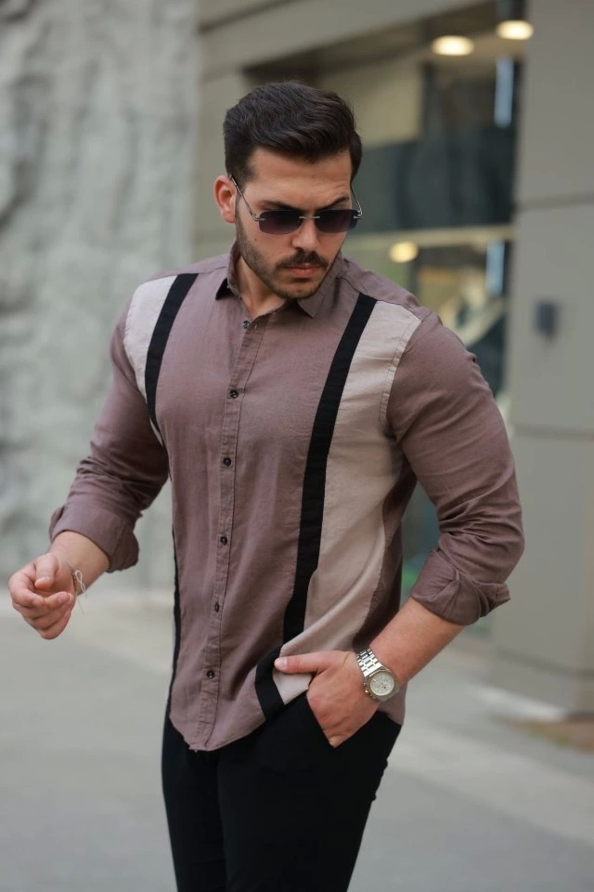 Butik Erkek şerit Detaylı Uzun Kollu Pamuklu Keten Gömlek