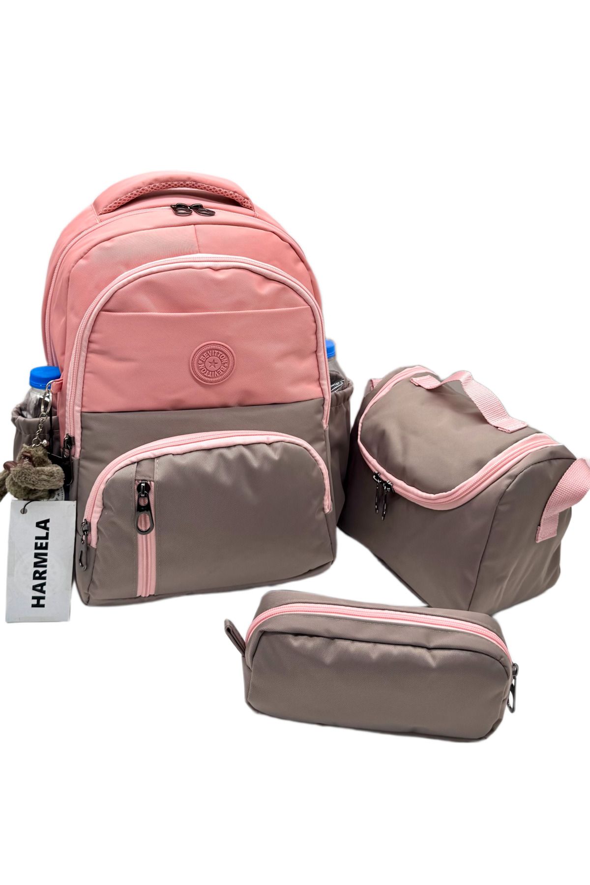 Harmela ilk Okul Çantası 3'lü Seti Unisex Çocuk ilkokul Çantası Hrm-8010 Pudra-Vizon