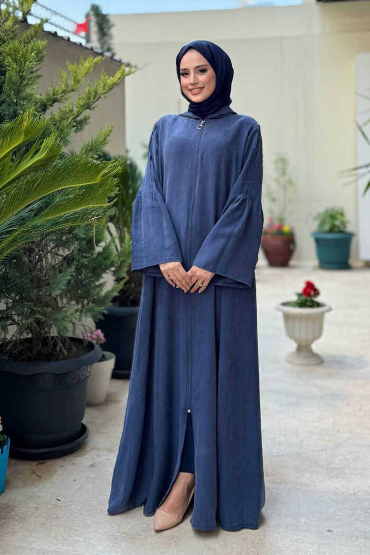 Bym Fashion Fermuarlı Kapüşonlu Ferace 70016 Lacivert