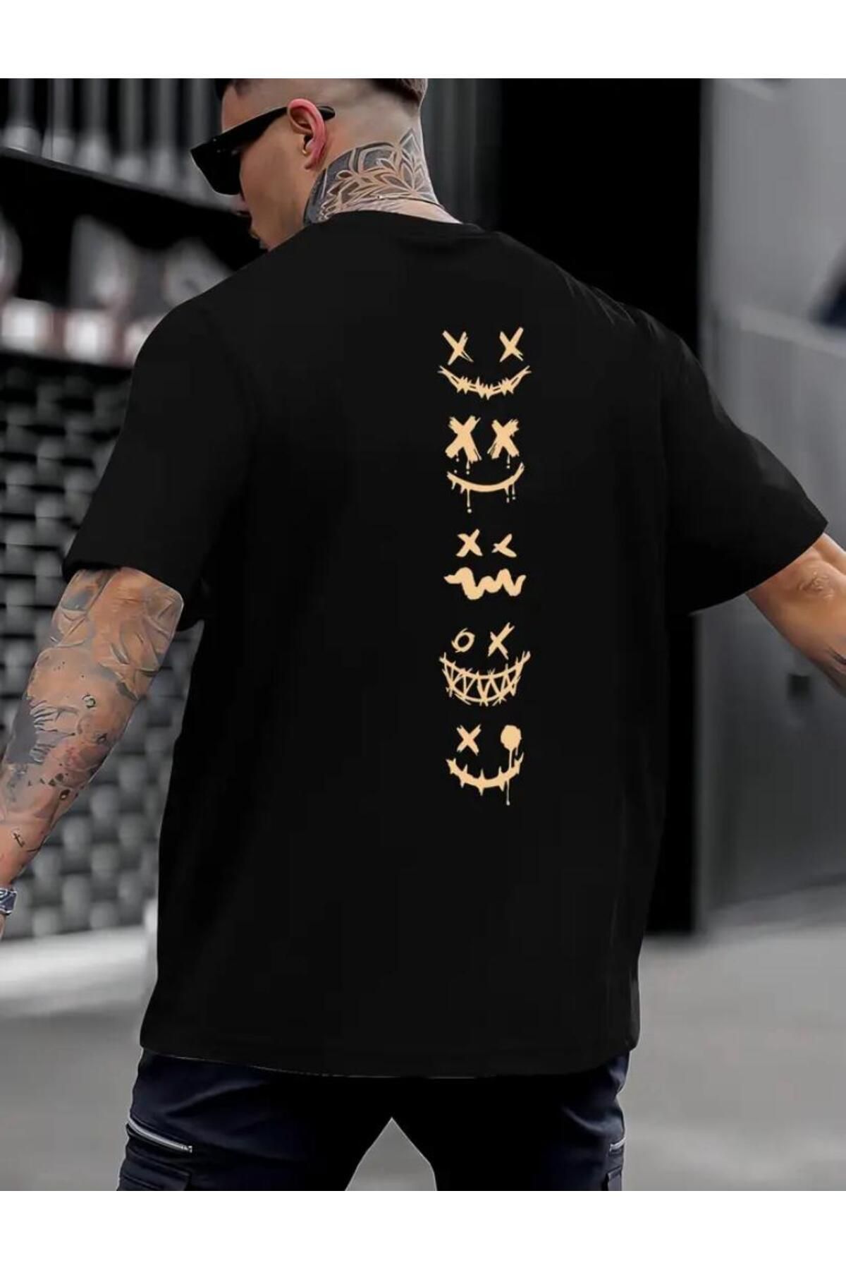 Boi Emojiler Sırt Baskılı Unisex Pamuklu Yuvarlak Yakalı Siyah T-shirt