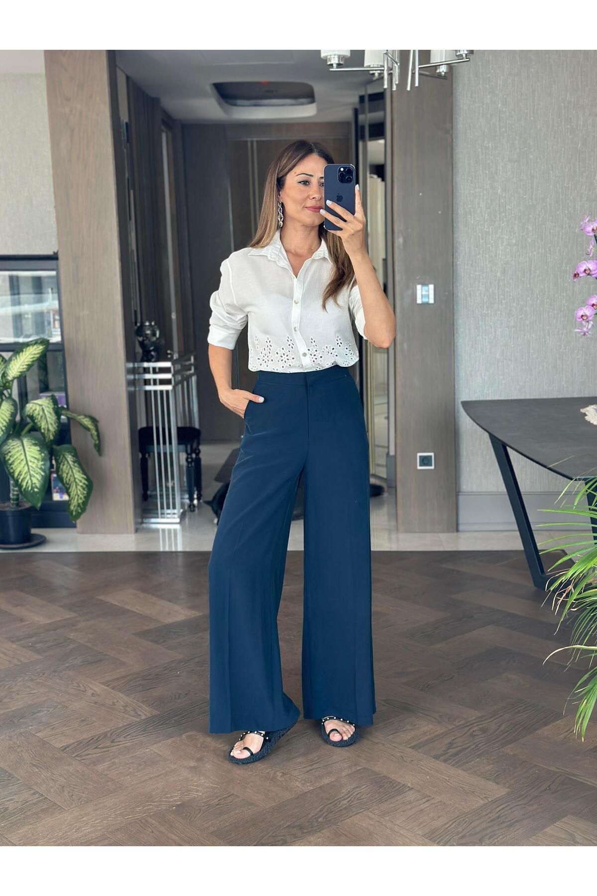 Forlady Butik Lacivert Premium Çift Kancalı Kadın Palazzo Pantolon