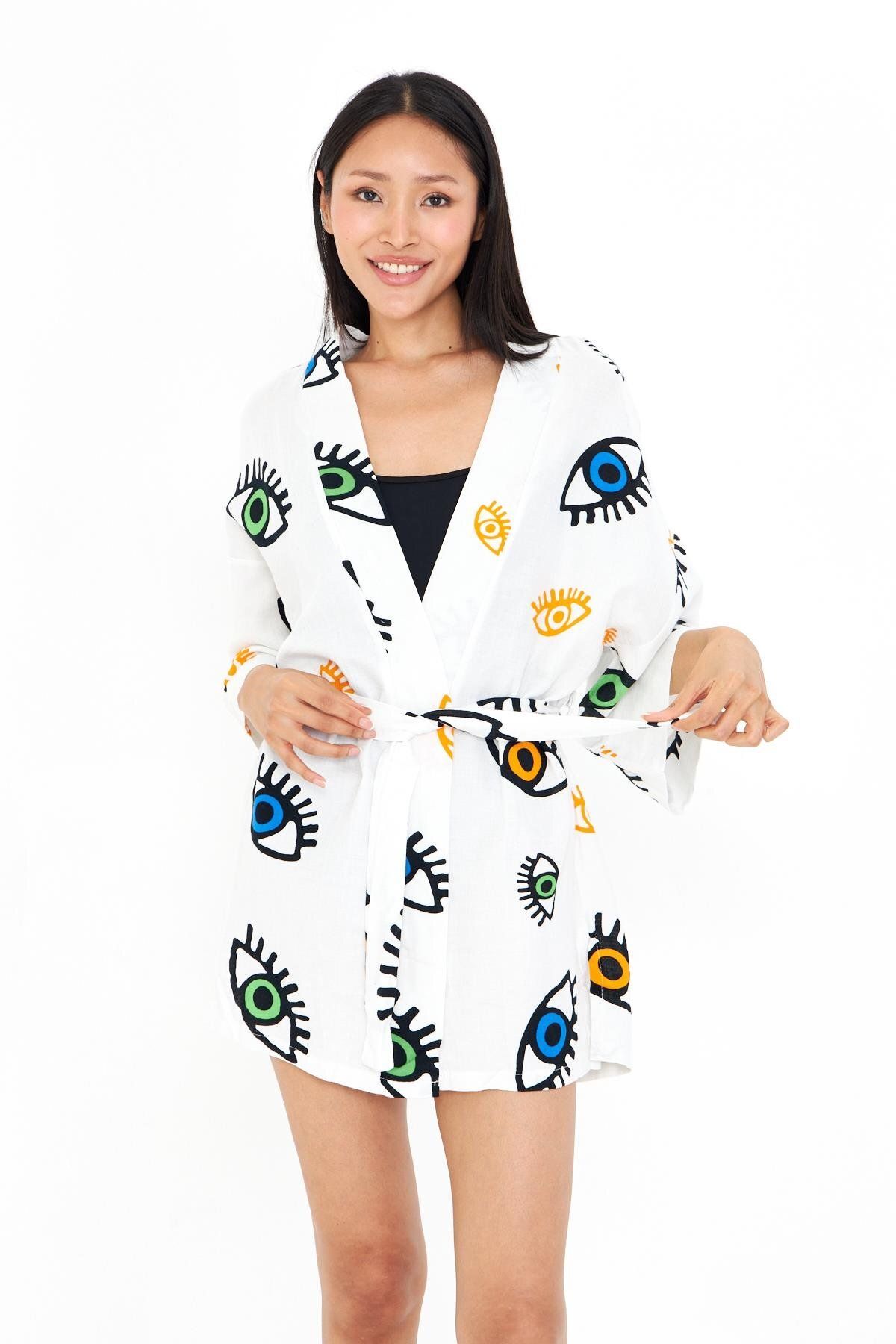 TIFFANY&TOMATO Göz Baskılı Kısa Müslin Kimono