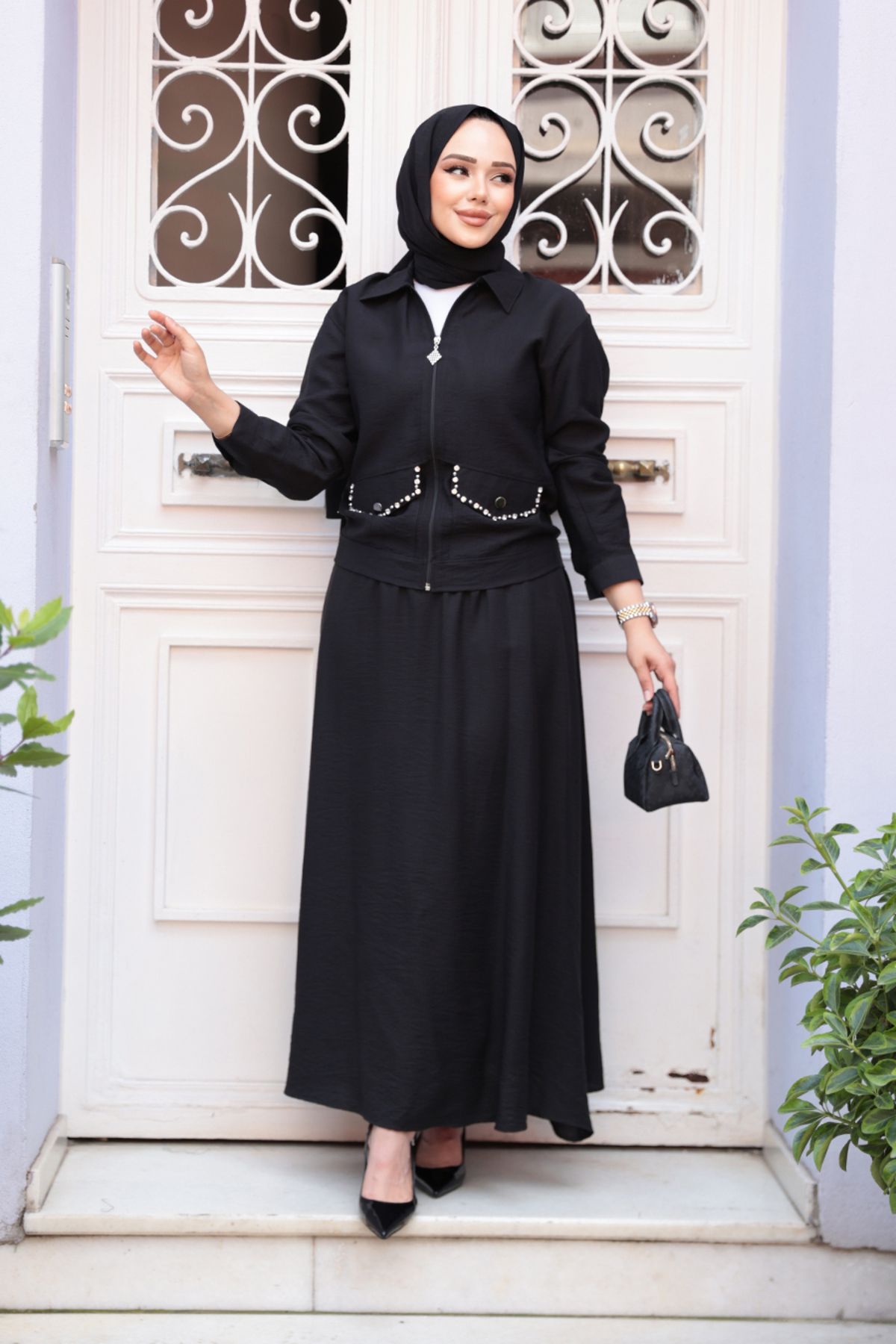 N.S NEVA STYLE-Double Set with Zippered Black Hijab Skirt 44751S 2