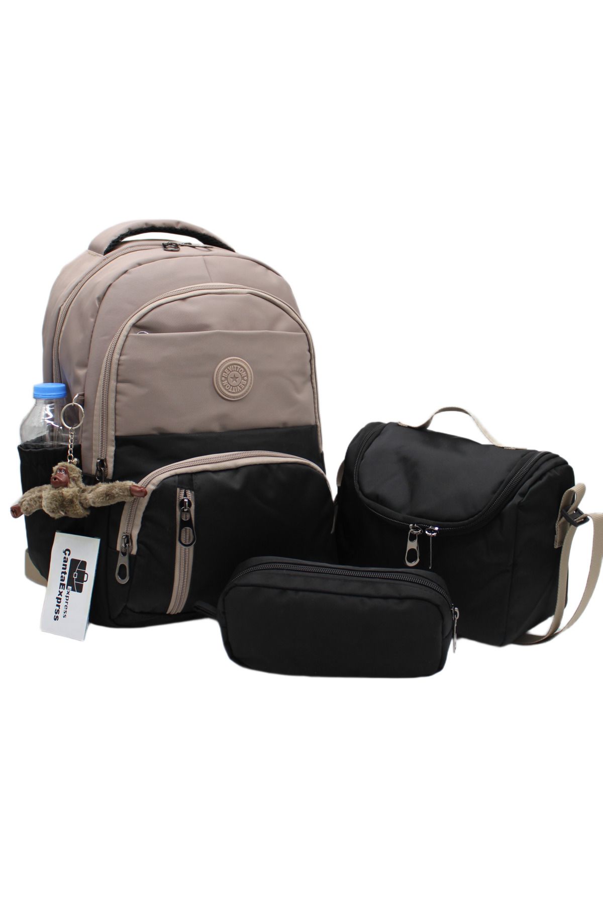 ÇantaExpress ilk Okul Çantası 3'lü Seti Unisex Çocuk ilkokul Çantası Cnt-8010 Vizon-Siyah