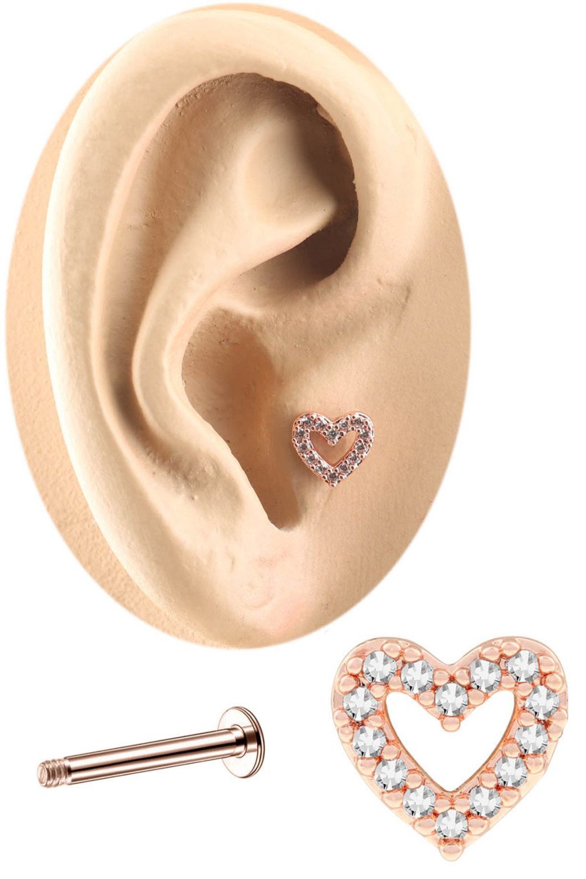 Cadının Dükkanı Zirkon Taşlı Rose Kalp Tragus-Helix-Kıkırdak Piercing