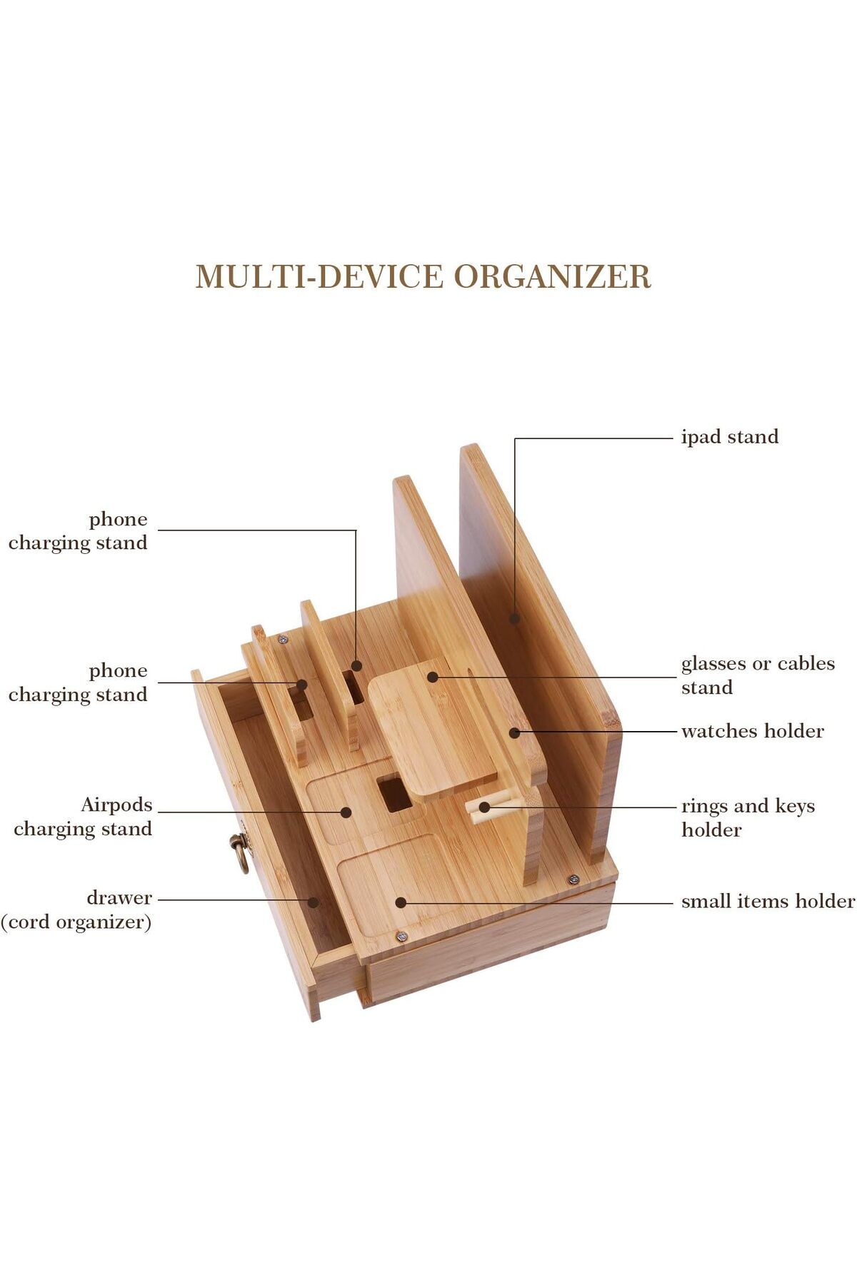 Generic-iCozzier Bamboo Multiple Device Desktop Charging Dock Station Watch Organizer Key Holder with Drawer 5