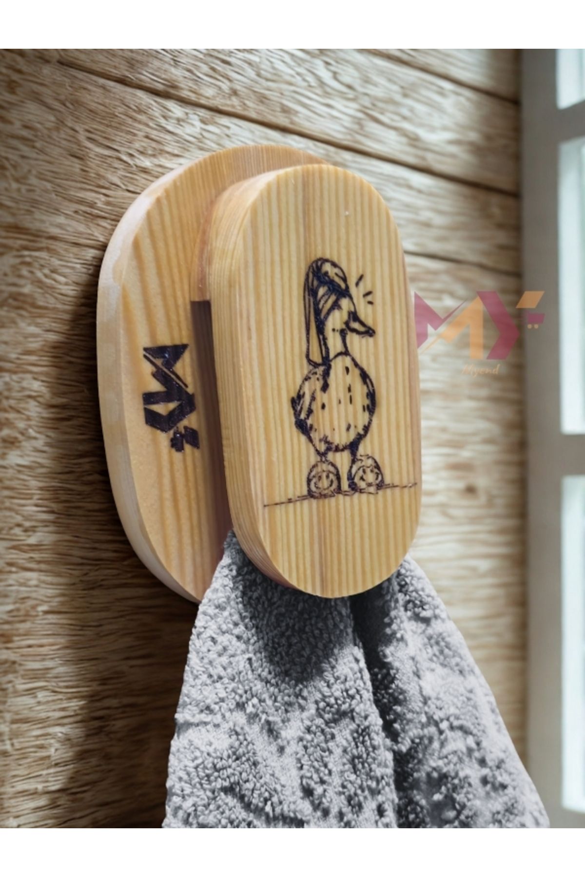 Myend Dekoratif Ahşap El Yapımı Banyo Mutfak Askısı Yapışkanlı Tasarım Havluluk
