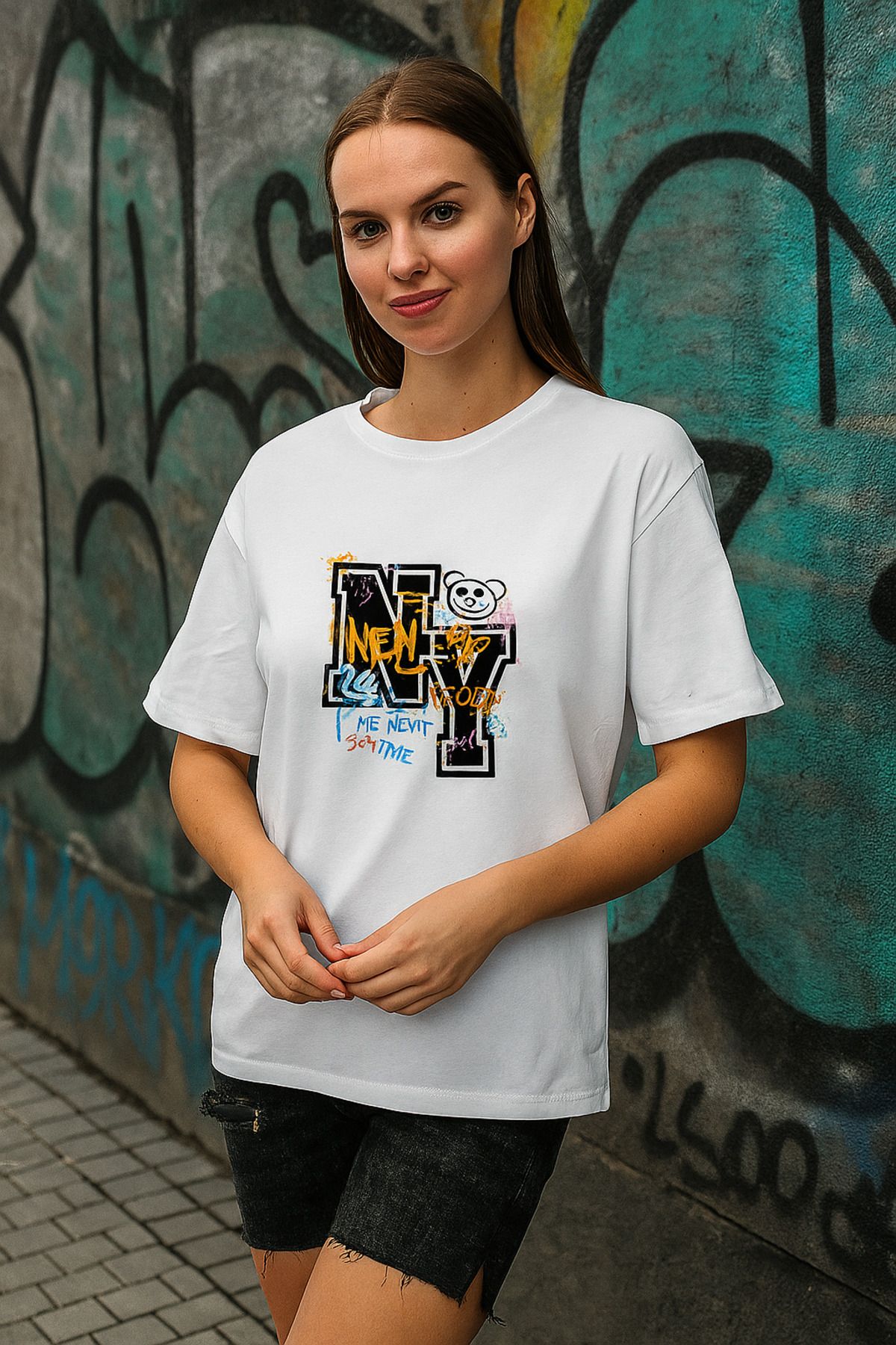 Oasis kadın oversize new york baskılı bisiklet yaka t-shirt
