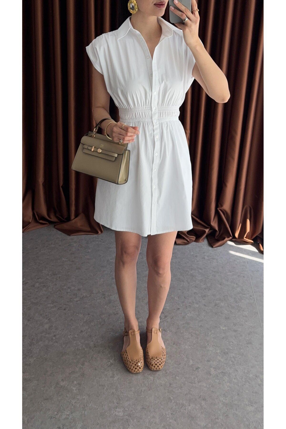 Kese Fashion Store Kadın Beyaz Beli Lastikli Düğmeli Poplin Elbise