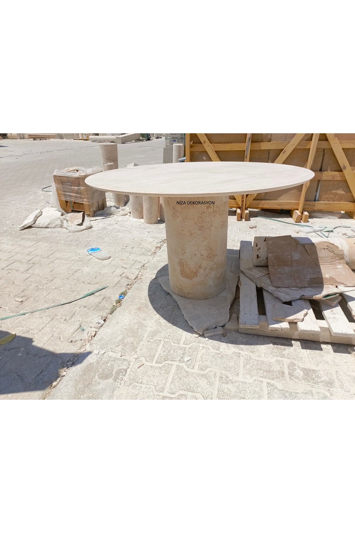 niza dekorasyon DOĞAL TRAVERTEN KALIN SİLİNDİR AYAK OVAL MASA