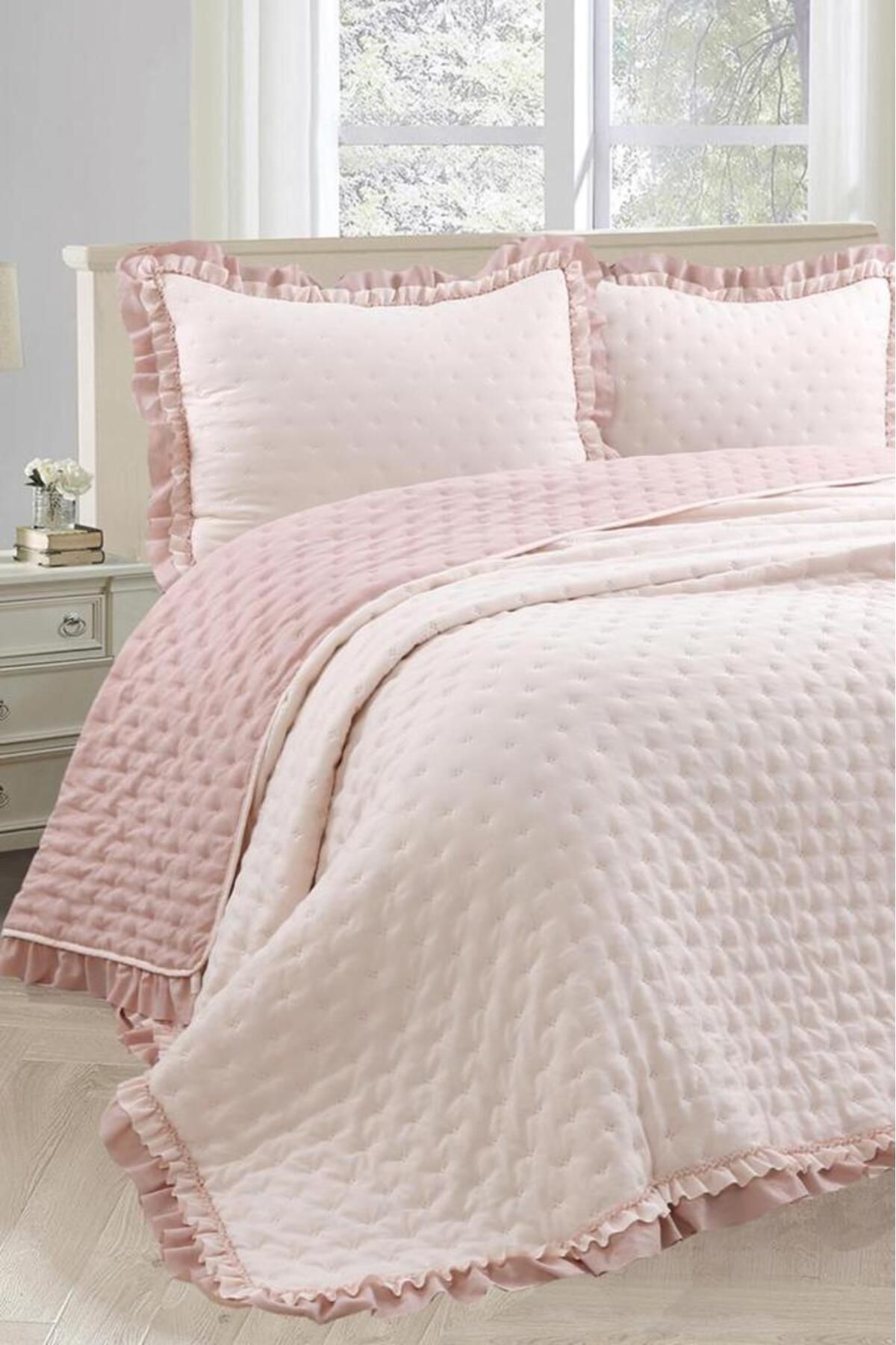 Çeyiz Diyarı Lamina Fırfırlı Elyaf Dolgulu Çift Kişilik 240x260 Cm Yatak Örtüsü Pudra