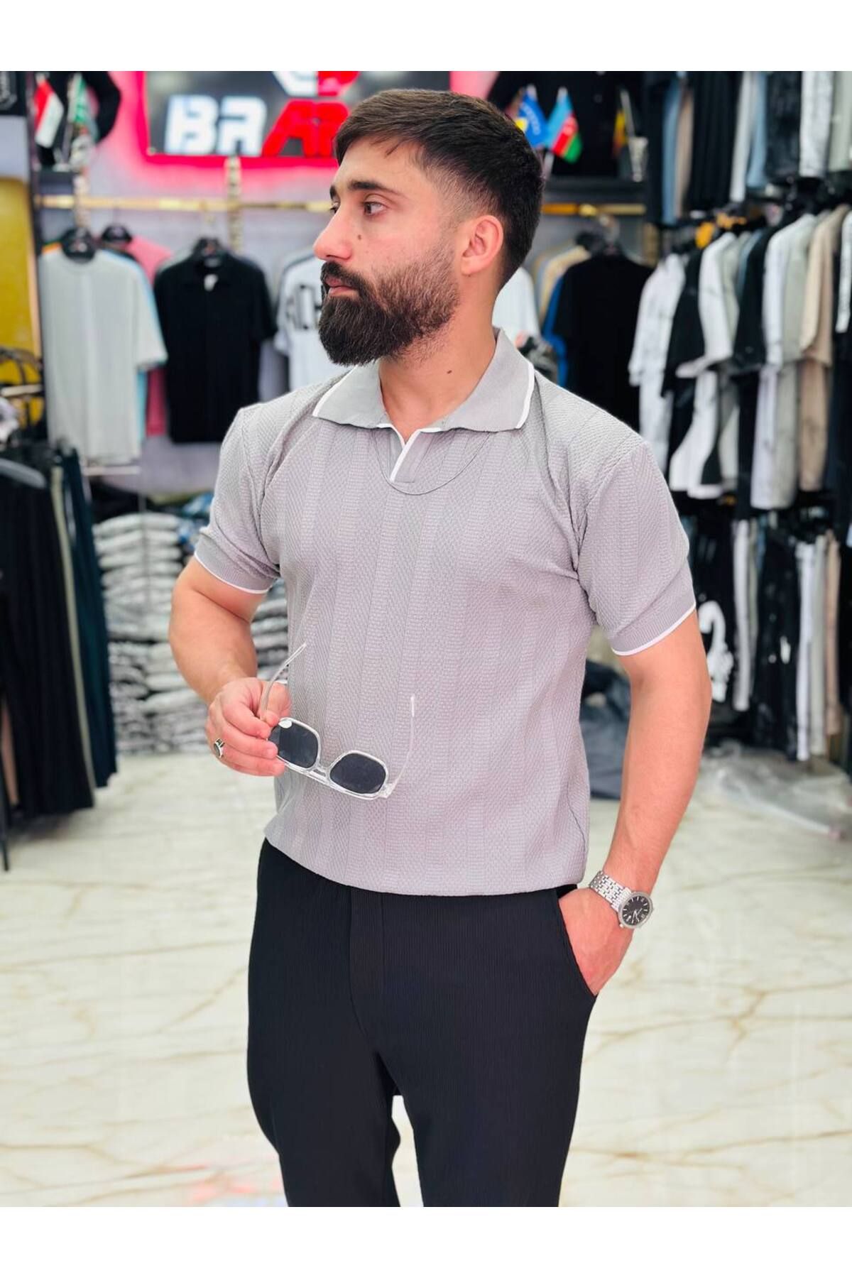 FRANCO RENZO Erkek Gri Polo Yaka Triko T-Shirt