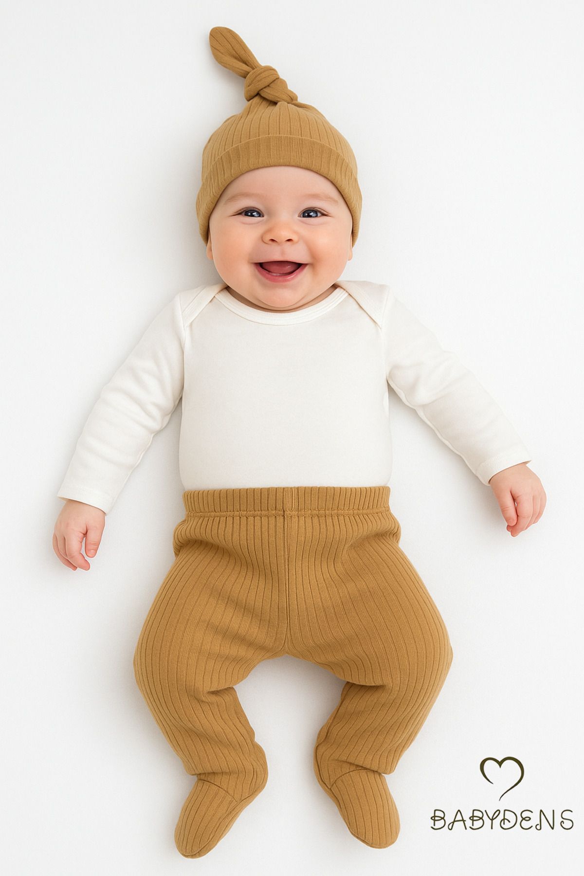 BABYDEN'S 3'lü Bebek Zıbın Takımı Uzun Kollu Body, Patikli Pantolon ve Şapka %100 Pamuk Fitilli Ribana Kumaş