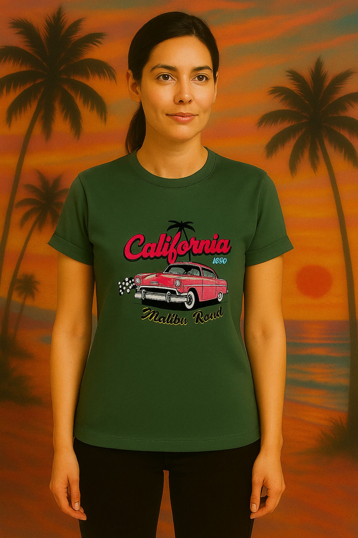 Oasis duble kol dar kesim malibu road baskılı bisiklet yaka kadın t-shirt