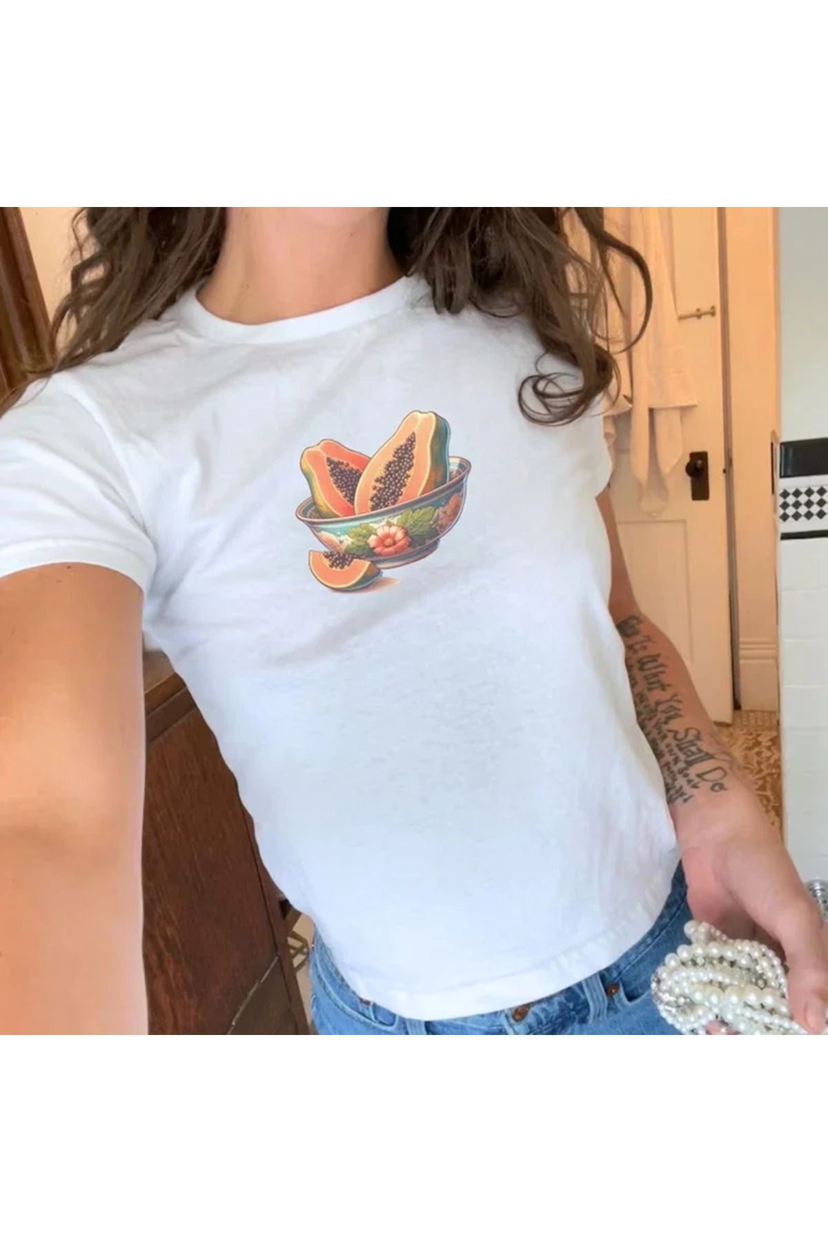 JANSO GROUP - Kadin Kisa Kollu Crop Tshirt Baskili Nar Pamuklu Penye Kumaş