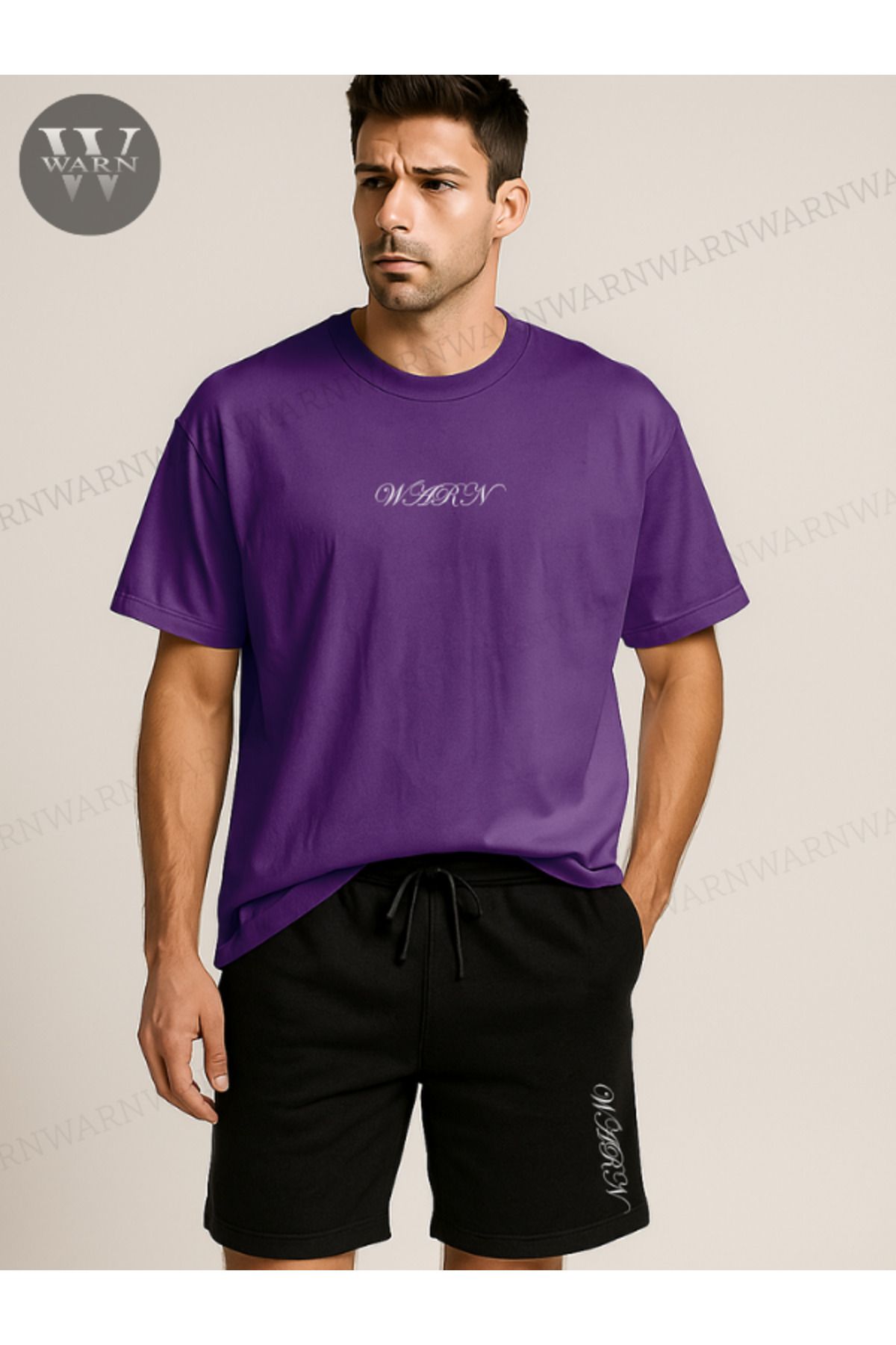 warn Unisex Warn Baskılı Oversize T-Shirt Şort Takım Renkli Yazlık