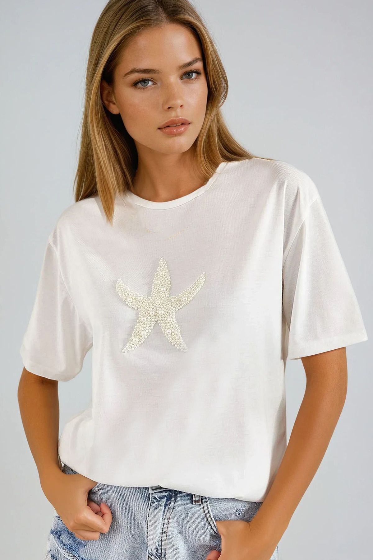 VAGGON Yıldız İnci İşlemeli Oversize T-Shirt