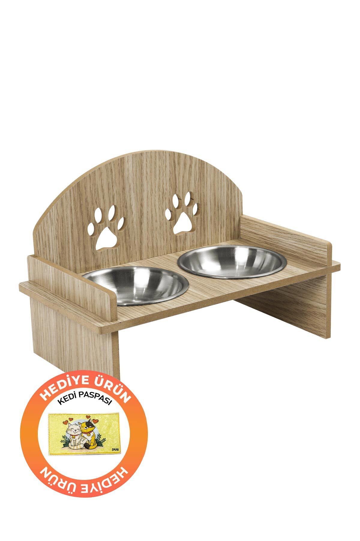 GOBYPET Ahşap Kedi Köpek Mama Su Kabı Standı, Metal Suluk, Kedi Köpek Halısı