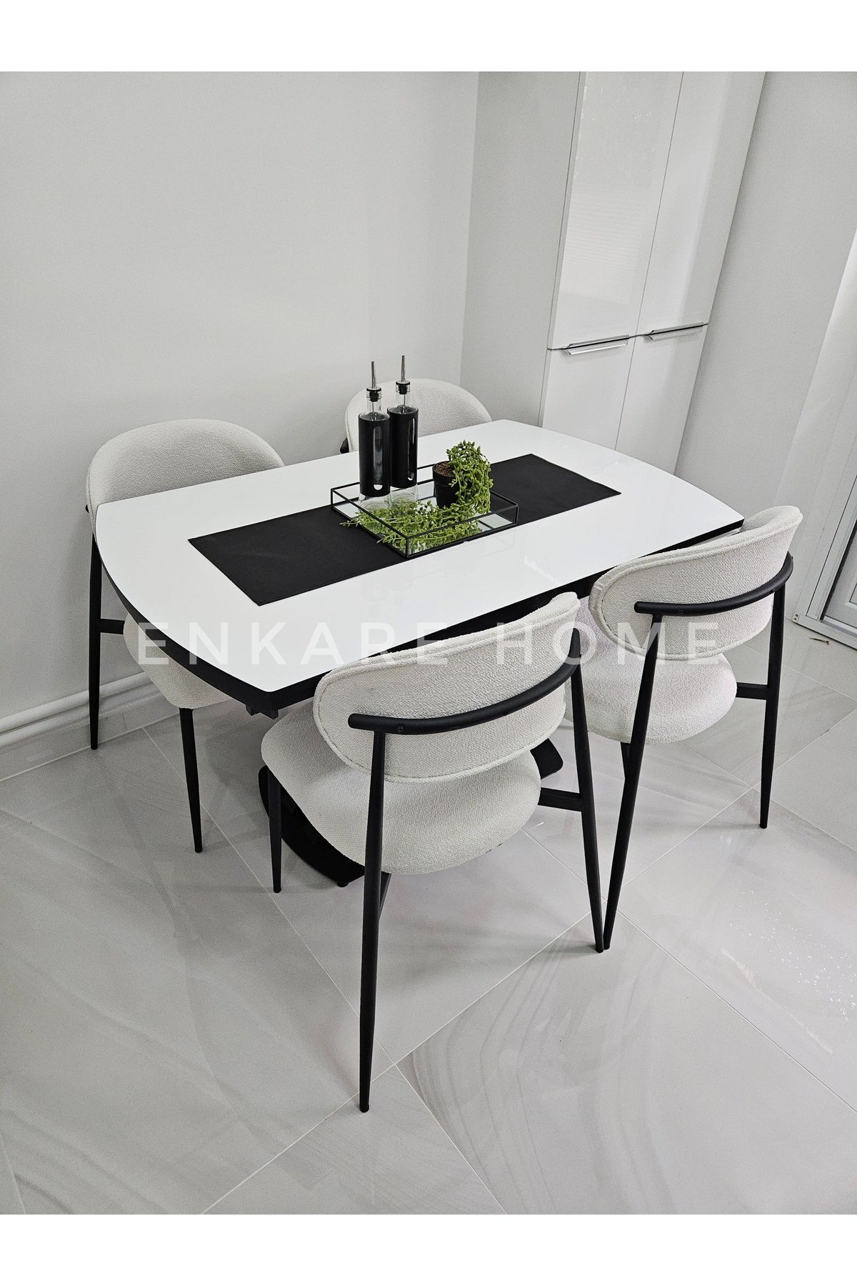 Enkare X Ayaklı Gloss Masa & Sera Sandalye Takımı | Açılır Mdf Masa + 4 Sandalye | 80x130-190 |Mutfak Salon