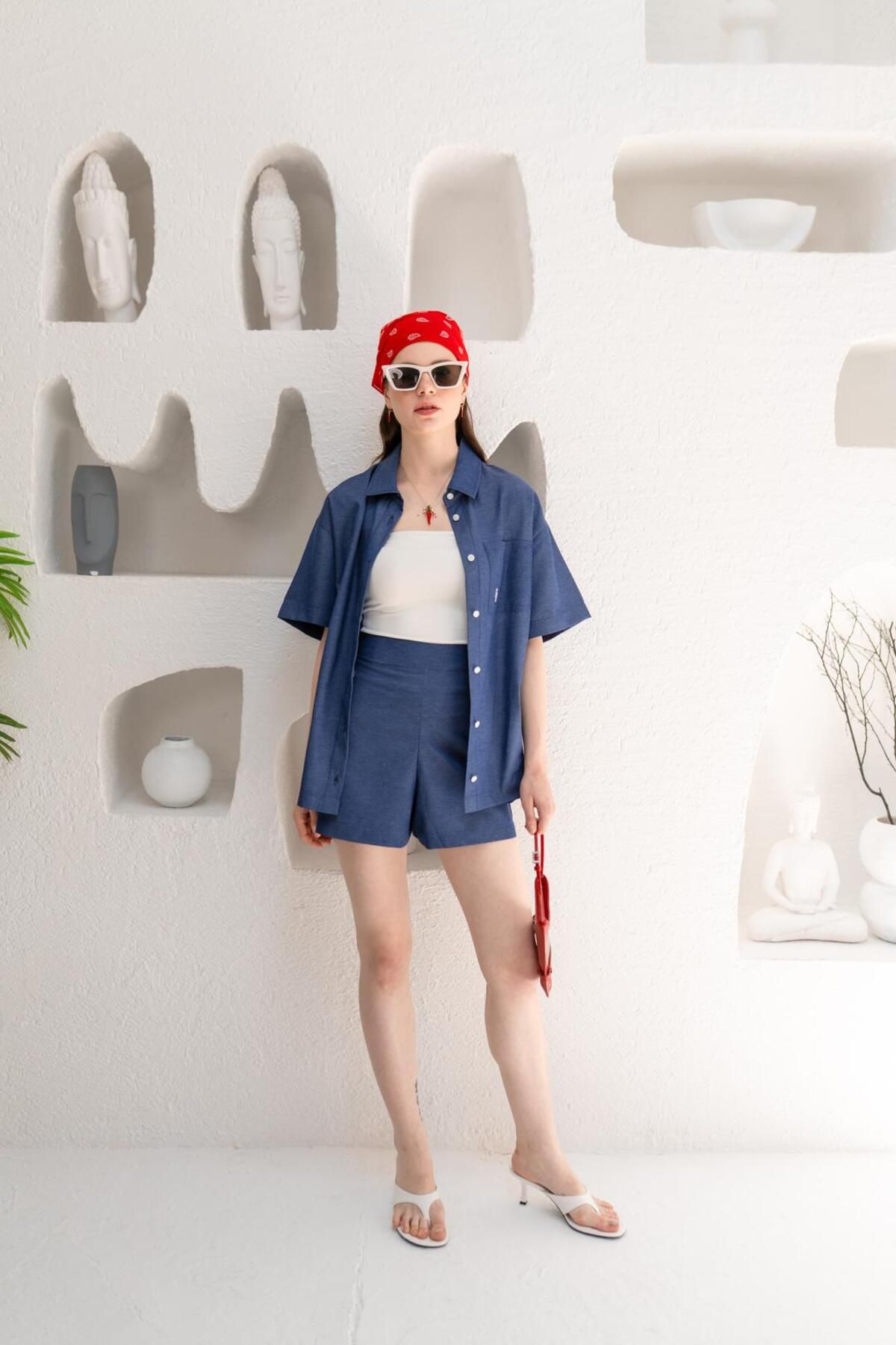 Re-SIS Relaxed Fit Dokuma İndigo Gömlek