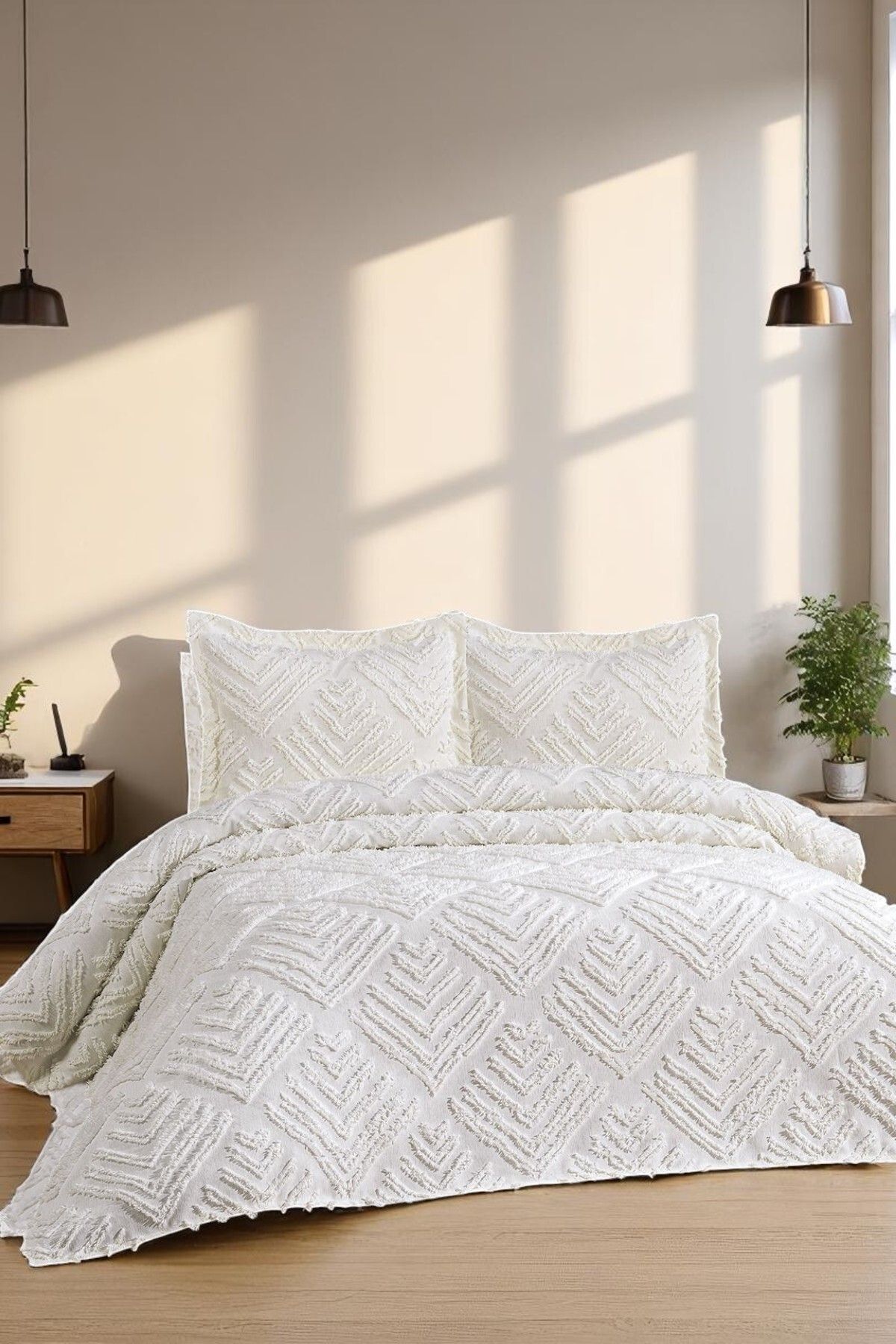 coverbox Şönil İskandinav çeyizlik Çift Kişilik Yatak Örtüsü 240×250 cm 2 Yastık Geometrik Desen