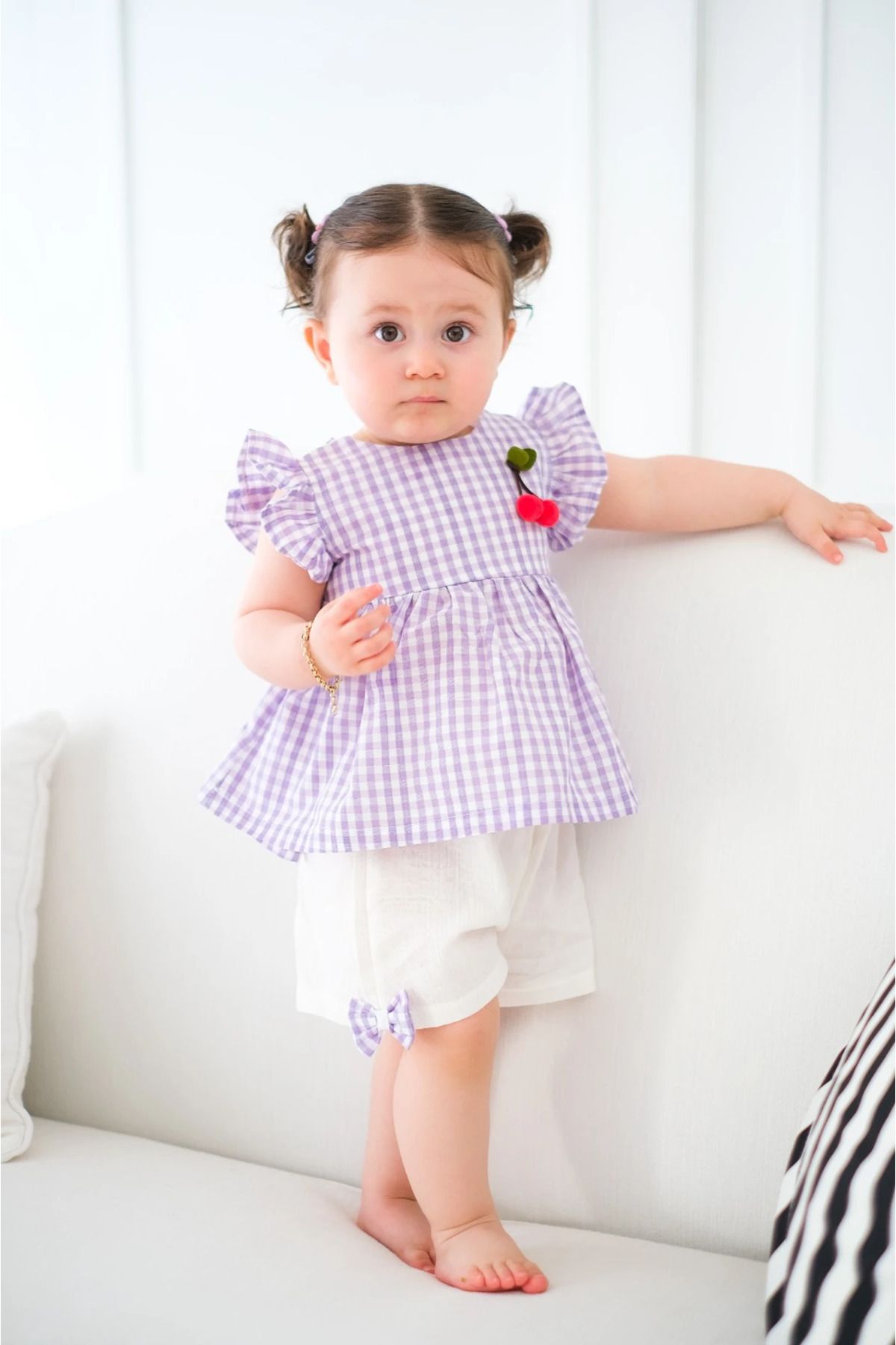 aysskids Cherry Ekose Kiraz Detaylı Kız Bebek İkili Takım